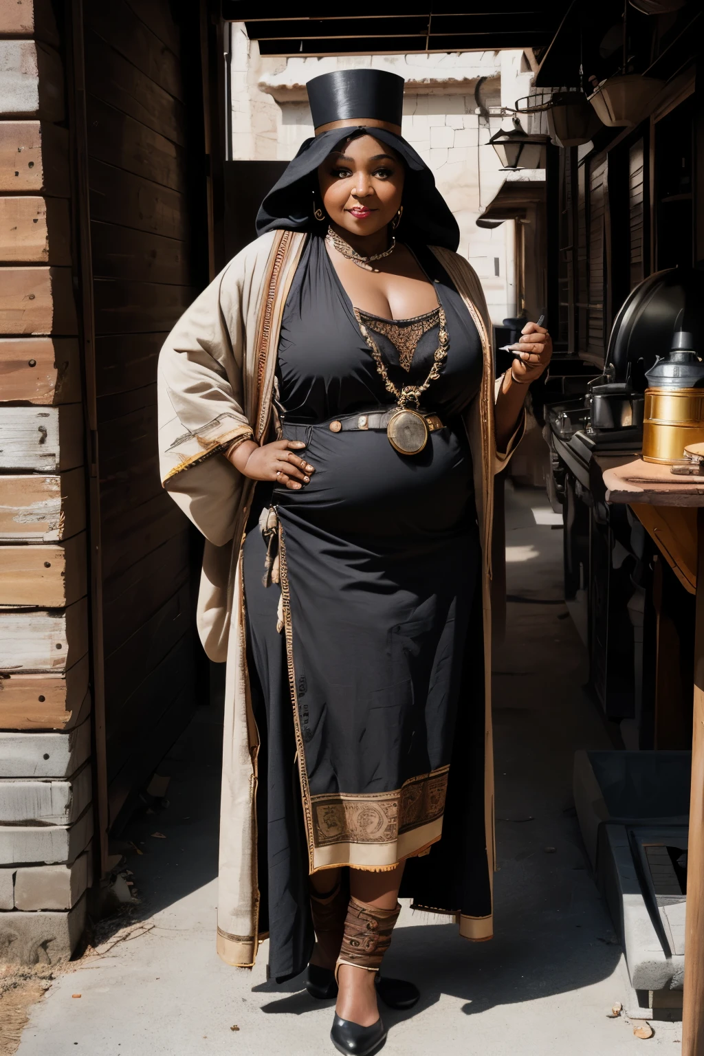 black older fat female cook, wearing poor brown cloth , cloth have steampunk and Arabian ecstatic and cover ,full body, full body shot, mix of bold dark lines and loose lines, bold lines, on paper, turnaround character sheet, a short fat mechanic in steampunk world, (Eye makeup:1.1), (highly detailed skin:1.1), RAW, analog style, sharp focus, 8k UHD, DSLR, high quality, Fujifilm XT3, grain, award winning, masterpiece