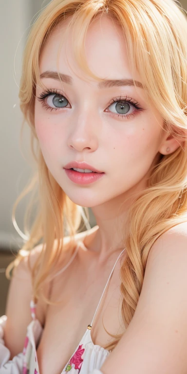 Un primer plano de una mujer con cabello rubio y un collar, retrato realista kawaii, glowing peach face, ojos verdes, ulzzang, pale porcelain white skin, maquillaje popular de corea del sur, ojos verdes, maquillaje coreano popular, tono de piel rosa pastel, pastel colorido, ojos verdes, pale milky white porcelain skin, pale and light skin!!, colores pastel naranja, muchacha coreana, chica anime en la vida real