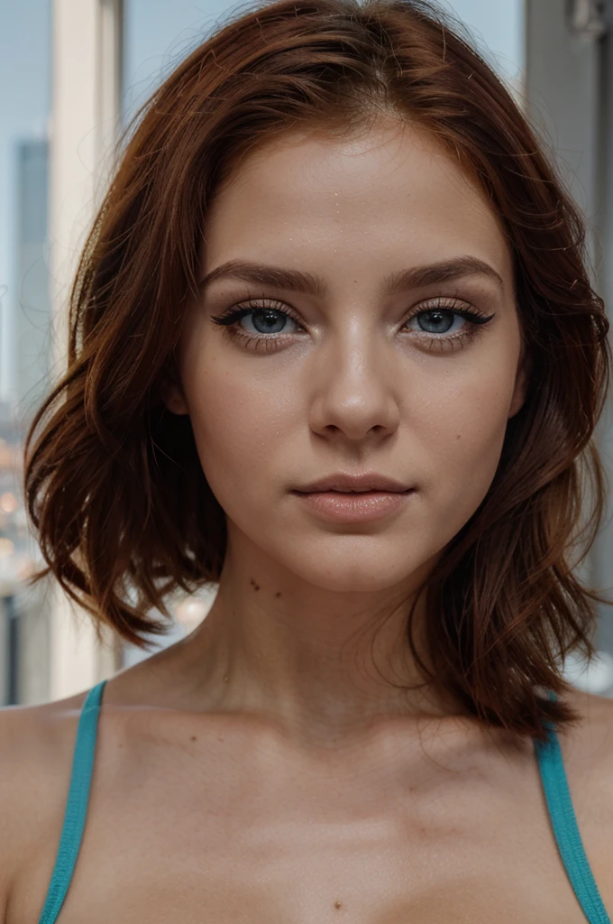 a 25 year old redhead European woman, con ojos azules, mirada sexy, poros detallados de la piel, piel clara, piel grasa, detalles intrincados de los ojos, pechos grandes, color brillante, medio cuerpo, sombra de ojos, (uso de estilo callejero: 1.2), (fondo de la ciudad: 1.2), maquillaje oscuro, cinematic light, high resolution, vestido sexy