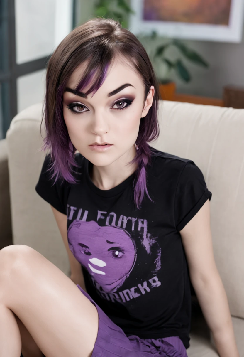 professional photo shoot, fully dressed Sasha Grey sitting, living room couch, barefooted and wearing short clothes and t-shirt, (shredded and cropped purple hair), (blushed cheek, eyeliner, brown eyeliner and shadow), (clear eyes), textured skin, [hyper realistic],  80mm, soft focus , film grain