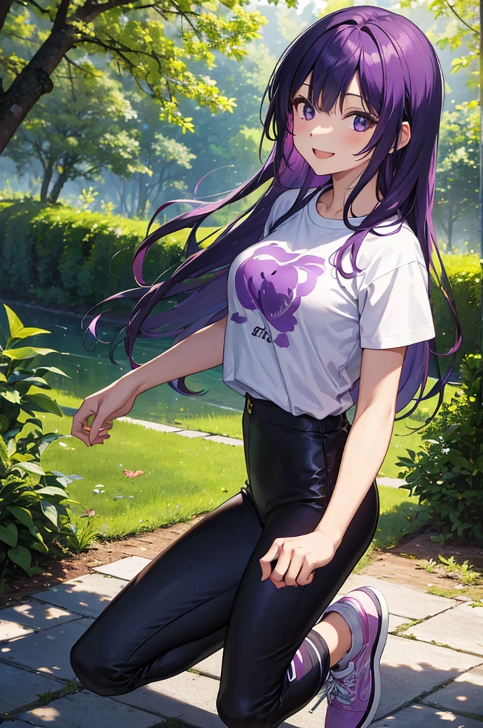 masterpiece, high quality, perfect body, perfect face, The Enchanted Forest, sunny weather, female, long hair, purple hair, bear t-shirt, shiny pants, white shoes, looking at viewer, laughing, glitter