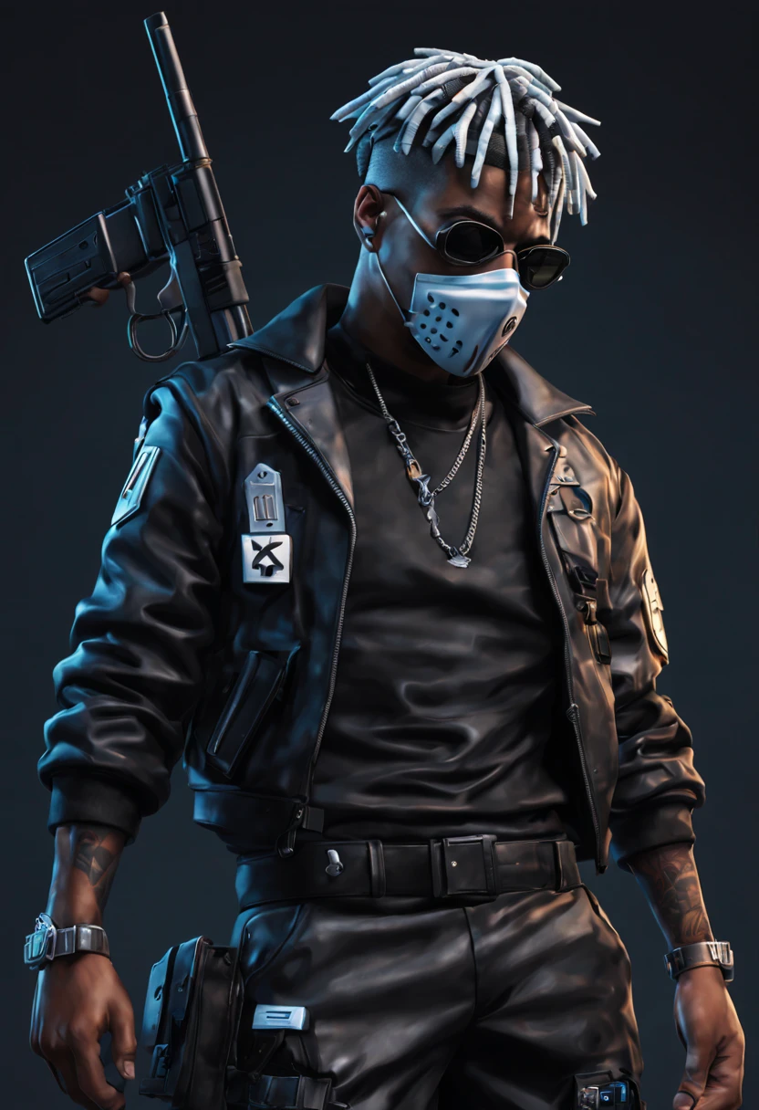 sharpened man in referee uniform, holding a gun and wearing a mask, acionar estilo de arte de anime, High detail iconic character, capanga de rua cyberpunk, como um personagem fortnite, cybernetic singer, Criminoso ciborgue, 3D character rendering, moda urbana ciberpunk, personagem ciberpunk, xxxtentacion, domino mask, cyber style, arte de personagem 3d, cybernetic dreadlocks