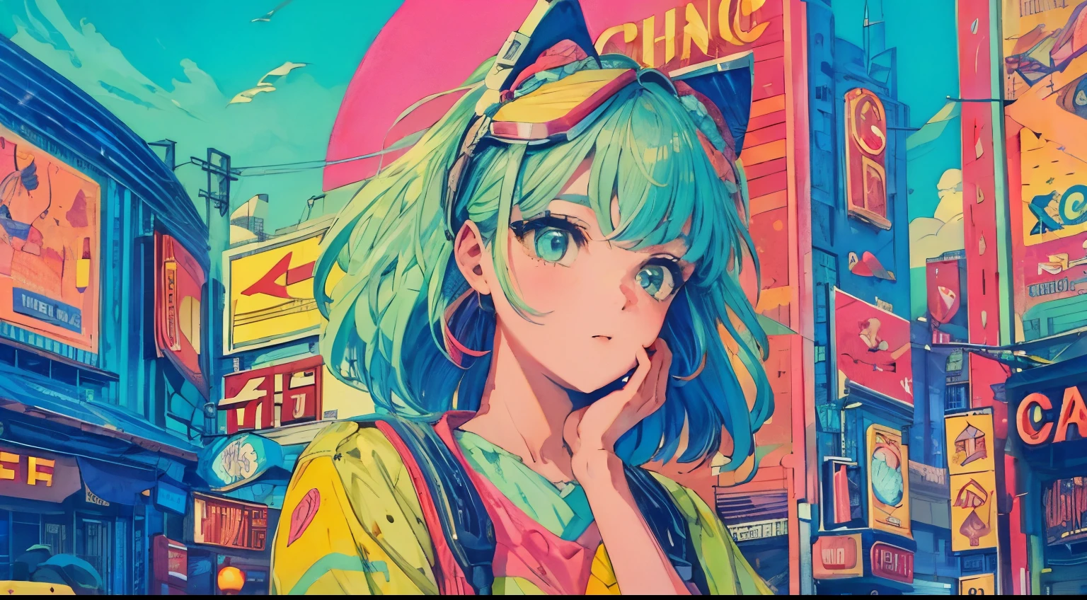 best quality, 4K wallpaper, masterpiece, extremely detailed CG unity 8k wallpaper, extremely detailed eyes, ultra-detailed, intricate details, close up 1 happy girl in center, retro art style, neon_pop art style, public, outdoors, road sign, city, people