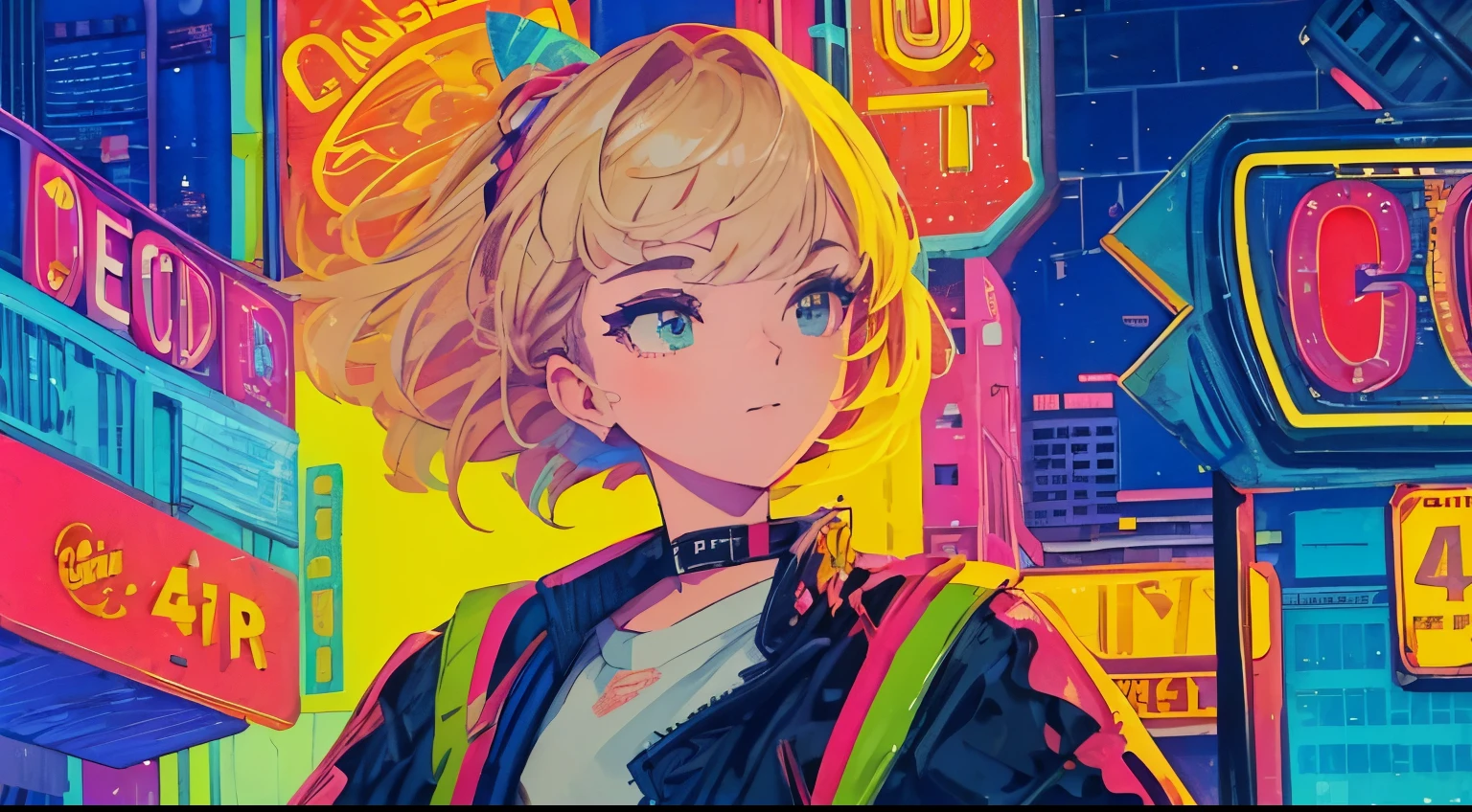 best quality, 4K wallpaper, masterpiece, extremely detailed CG unity 8k wallpaper, extremely detailed eyes, ultra-detailed, intricate details, close up 1 happy girl in center, retro art style, neon_pop art style, public, outdoors, road sign, city, people