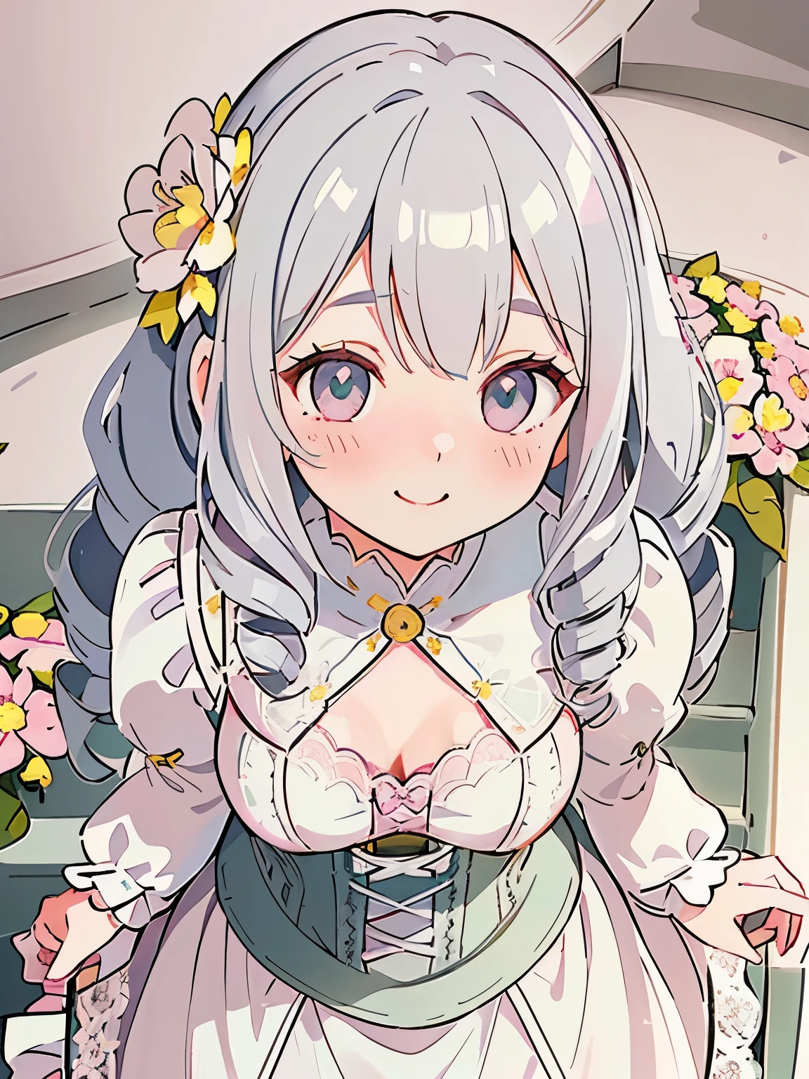 girl,cute,(gray hair:1.2),(long hair with curls:1.2),(Drill Curl:1.25),(With bangs),(Eye size:1.5),(Lace dress:1.3),(White corset:1.3),(blush:1.2),(small breasts:1.5),(A big smile that seems to be happy:1.25),(close up of face:1.4),(Background of blooming flowers:1.35),(white, pink, light blue, and yellow-green),looking up, (from front above:1.5),(going up on stairs:1.5), 