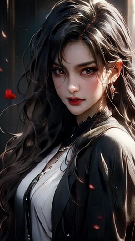 (best quality), (high detail), (close up),(vampire fangs), (1girl), a beautiful gothic vampire with snow white skin jet black hair and mascara running down her face, (fangs), crazy smile, (black and white effect), (black roses), dark and foggy background, HDR, 4K, 3D