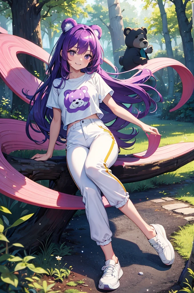 masterpiece, high quality, perfect body, perfect face, The Enchanted Forest, sunny weather, female, long hair, purple hair, bear t-shirt, shiny pants, white shoes, looking at viewer, laughing, glitter