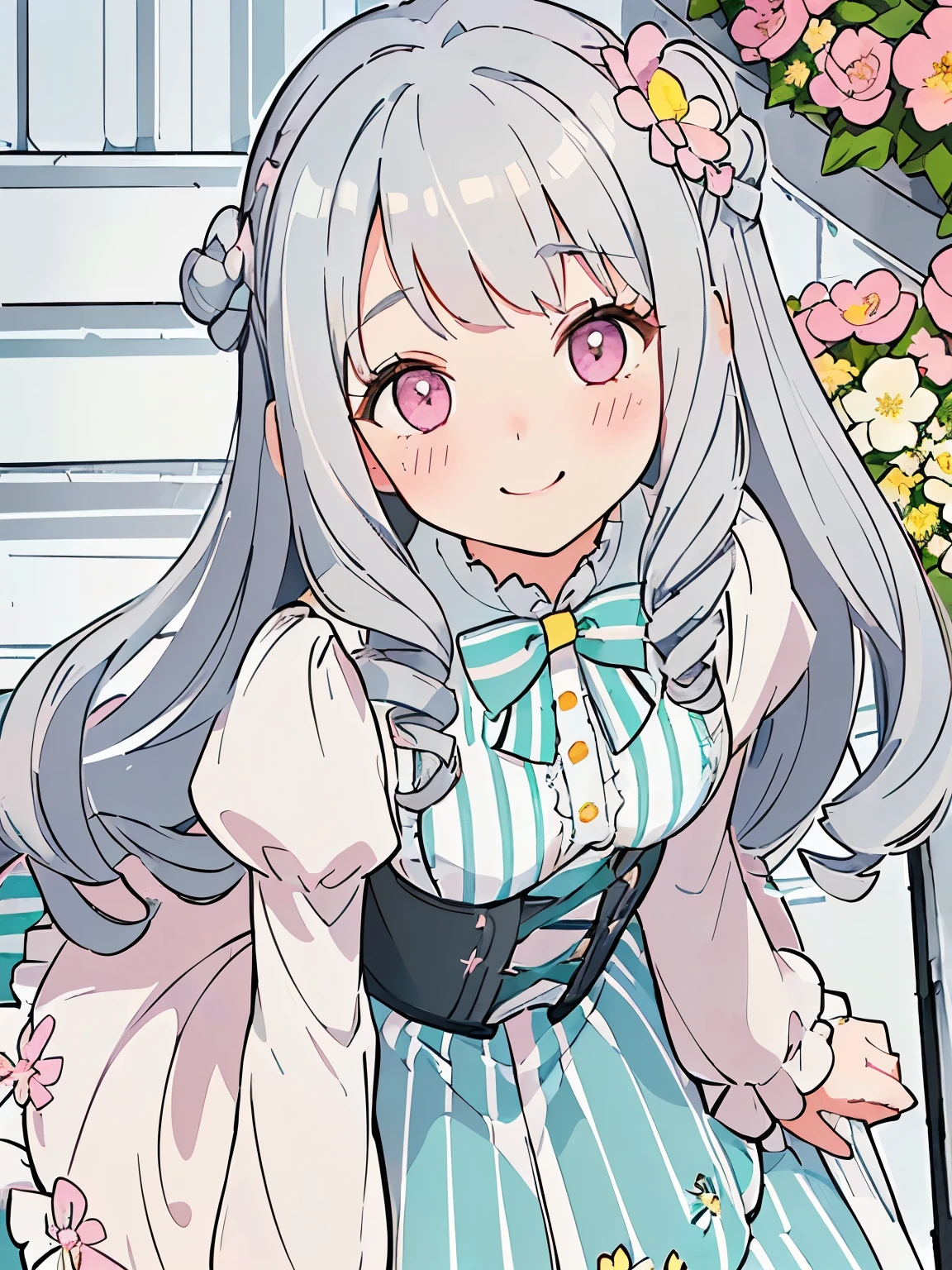 girl,cute,(gray hair:1.2),(long hair with curls:1.2),(Drill Curl:1.25),(With bangs),(Eye size:1.5),(Striped dress:1.3),(White corset:1.3),(blush:1.2),(small breasts:1.5),(big smile:1.25),(close up of face:1.4),(Background of blooming flowers:1.35),(white, pink, light blue, and yellow-green),looking up, (from front above:1.5),(going up on stairs:1.5), 