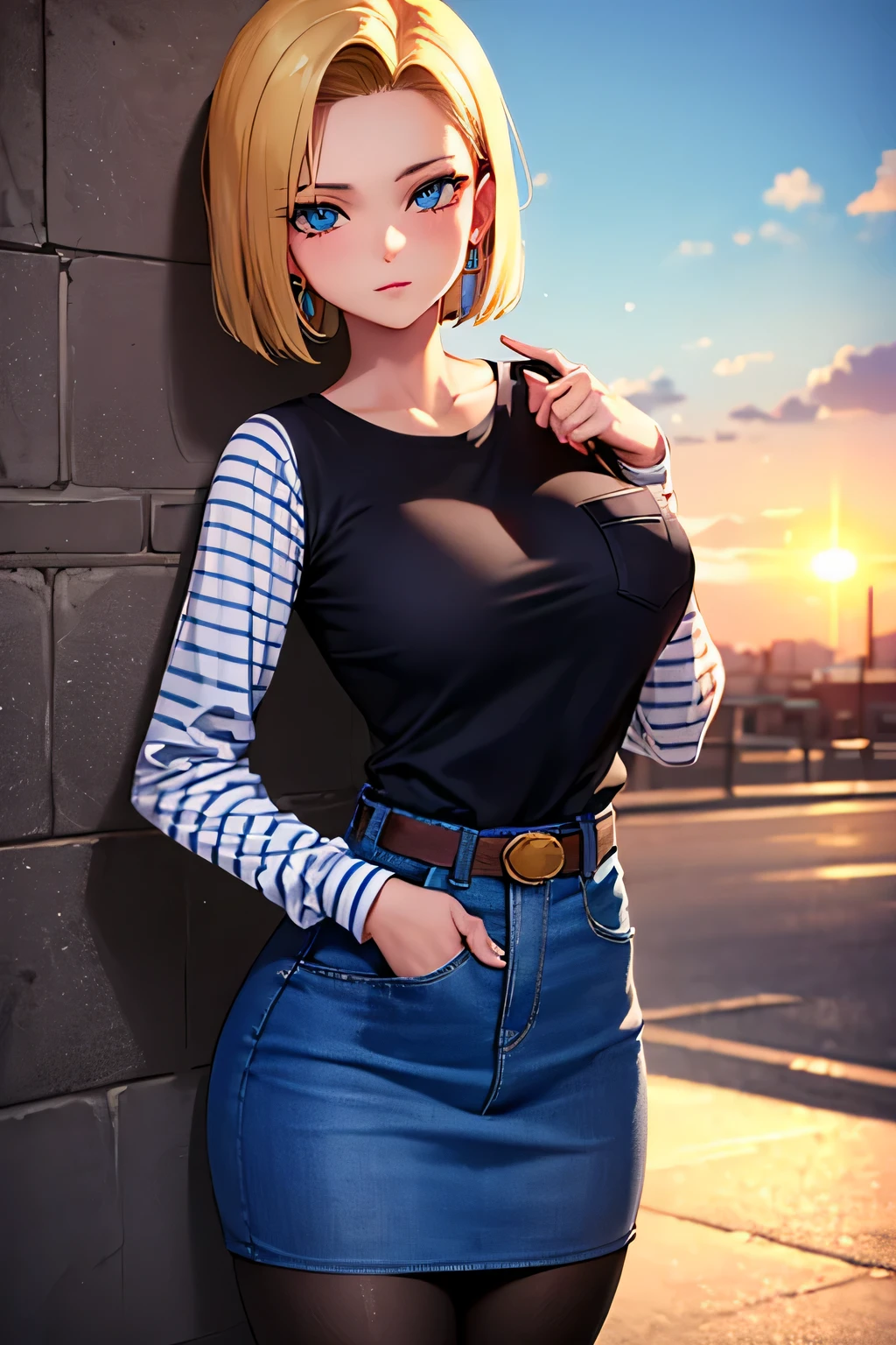 android 18, android 18, blonde hair, blue eyes, eyelash, hoop earrings, short hair, earrings, break belt, black legwear, black shirt, breast pocket, cleavage, clavicle, denim, denim skirt, high-waist skirt, jewelry, long sleeve, pocket, shirt, shirt tucked in, skirt, striped, striped sleeves, waistcoat,, break outdoors, city, null, cloud, sun, break looking at viewer, (cowboy shot:1.5), break (masterpiece:1.2), highest quality, High resolution, unity 8k wallpaper, (figure:0.8), (beautiful and fine eyes:1.6), highly detailed face, perfect lighting, Very detailed CG, (perfect hands, perfect anatomy),