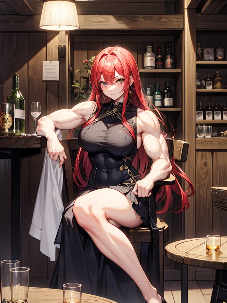 (((masterpiece、Highest image quality、highest quality、highly detailed unity 8kwallpaper)))、(((Illustration of one girl、beautiful girl)))、(adventurer)、(((neutral)))、((red hair、long hair、golden eyes))、((tall))、(((muscular and strong body、muscle girl、muscle、stocky build、thickset physique、muscular legs、muscular arms、broad shoulders、solid chest)))、(((manspreading、sitting in a chair)))、(((Clothing in the style of the Middle Ages、adventurer風の服、adventurer風の装備)))、(Medieval tavern、Liquor bottle on the table)