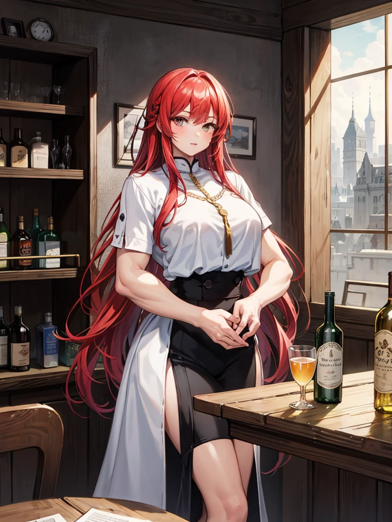 (((masterpiece、Highest image quality、highest quality、highly detailed unity 8kwallpaper)))、(((Illustration of one girl、beautiful girl)))、(adventurer)、(((neutral)))、((red hair、long hair、golden eyes))、((tall))、(((muscular and strong body、muscle girl、muscle、stocky build、thickset physique、muscular legs、muscular arms、broad shoulders、solid chest)))、(((manspreading、sitting in a chair)))、(((Clothing in the style of the Middle Ages、adventurer風の服、adventurer風の装備)))、(Medieval tavern、Liquor bottle on the table)