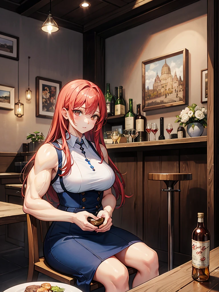 (((masterpiece、Highest image quality、highest quality、highly detailed unity 8kwallpaper)))、(((Illustration of one girl、beautiful girl)))、(adventurer)、(((neutral)))、((red hair、long hair、golden eyes))、((tall))、(((muscular and strong body、muscle girl、muscle、stocky build、thickset physique、muscular legs、muscular arms、broad shoulders、solid chest)))、(((manspreading、sitting in a chair)))、(((Clothing in the style of the Middle Ages、adventurer風の服、adventurer風の装備)))、(Medieval tavern、Liquor bottle on the table)