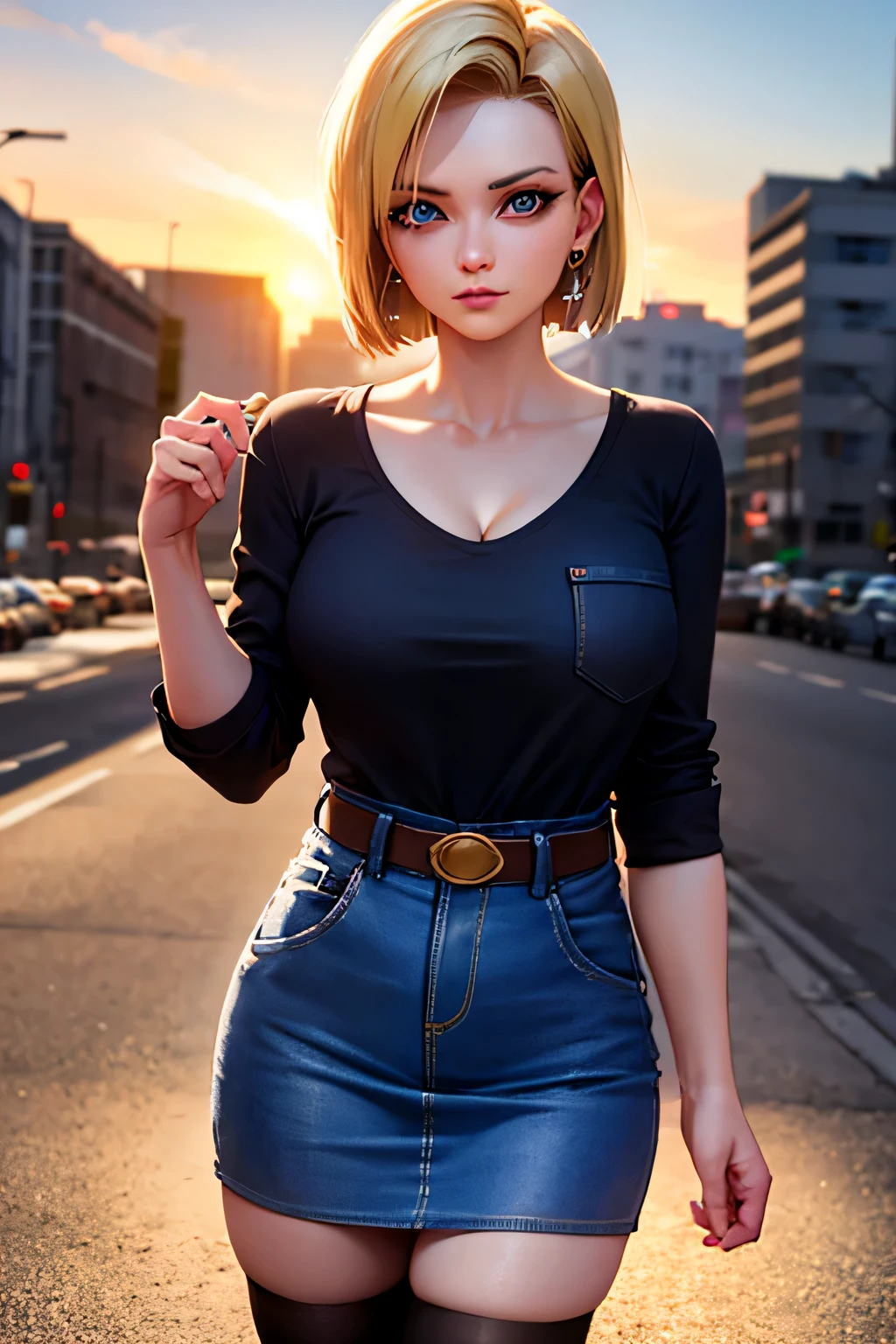 android 18, android 18, blonde hair, blue eyes, eyelash, hoop earrings, short hair, earrings, break belt, black legwear, black shirt, breast pocket, cleavage, clavicle, denim, denim skirt, high-waist skirt, jewelry, long sleeve, pocket, shirt, shirt tucked in, skirt, striped, striped sleeves, waistcoat,, break outdoors, city, null, cloud, sun, break looking at viewer, (cowboy shot:1.5), break (masterpiece:1.2), highest quality, High resolution, unity 8k wallpaper, (figure:0.8), (beautiful and fine eyes:1.6), highly detailed face, perfect lighting, Very detailed CG, (perfect hands, perfect anatomy)