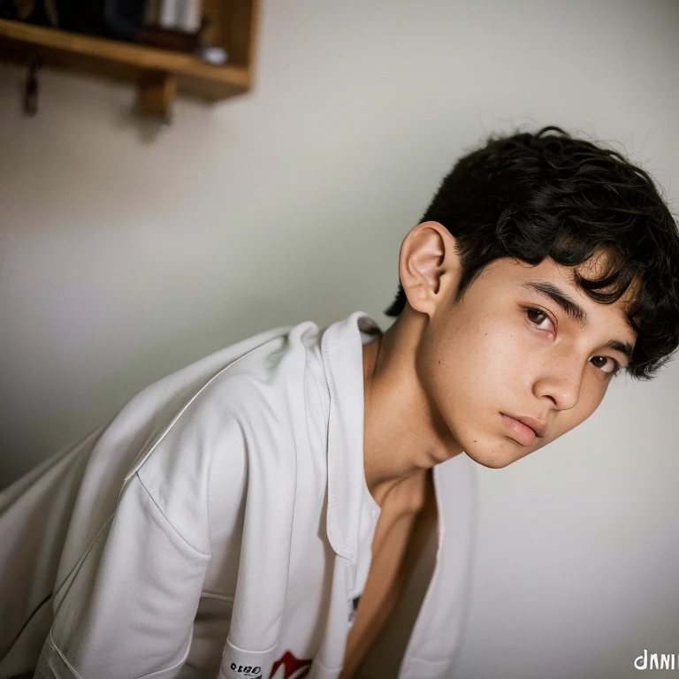 Menino adolescente(( anos)), branco, cabelo com mechas azuis, pelo no suvaco,fortinho, tanquinho, ((sem roupa)), ((pelado)), ((penis ereto))