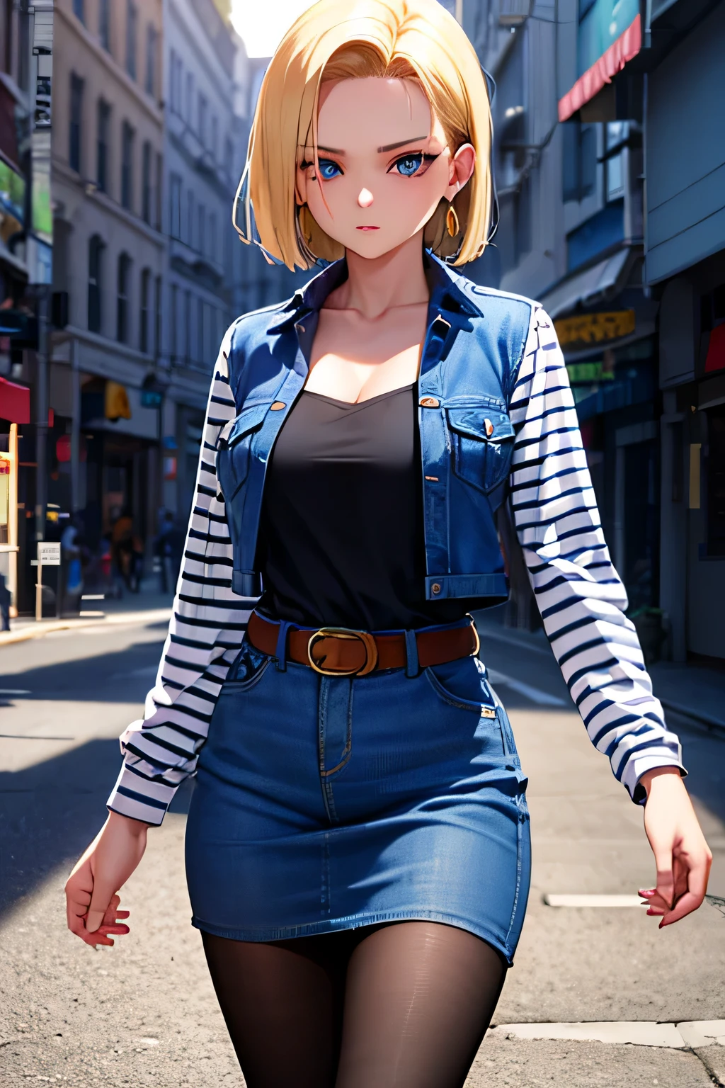 android 18, android 18, blonde hair, blue eyes, eyelash, hoop earrings, short hair, earrings, break belt, black legwear, black shirt, breast pocket, cleavage, clavicle, denim, denim skirt, high-waist skirt, jewelry, long sleeve, pocket, shirt, shirt tucked in, skirt, striped, striped sleeves, waistcoat,, break outdoors, city, null, cloud, sun, break looking at viewer, (cowboy shot:1.5), break (masterpiece:1.2), highest quality, High resolution, unity 8k wallpaper, (figure:0.8), (beautiful and fine eyes:1.6), highly detailed face, perfect lighting, Very detailed CG, (perfect hands, perfect anatomy),