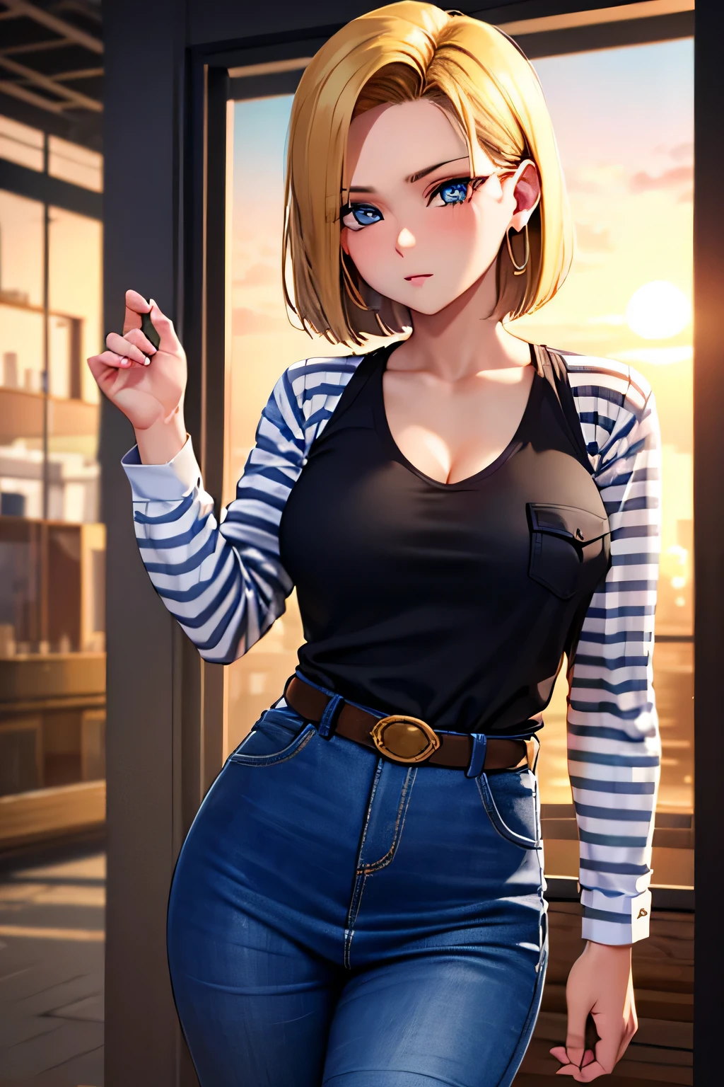 android 18, android 18, blonde hair, blue eyes, eyelash, hoop earrings, short hair, earrings, break belt, black legwear, black shirt, breast pocket, cleavage, clavicle, denim, denim skirt, high-waist skirt, jewelry, long sleeve, pocket, shirt, shirt tucked in, skirt, striped, striped sleeves, waistcoat,, break outdoors, city, null, cloud, sun, break looking at viewer, (cowboy shot:1.5), break (masterpiece:1.2), highest quality, High resolution, unity 8k wallpaper, (figure:0.8), (beautiful and fine eyes:1.6), highly detailed face, perfect lighting, Very detailed CG, (perfect hands, perfect anatomy),