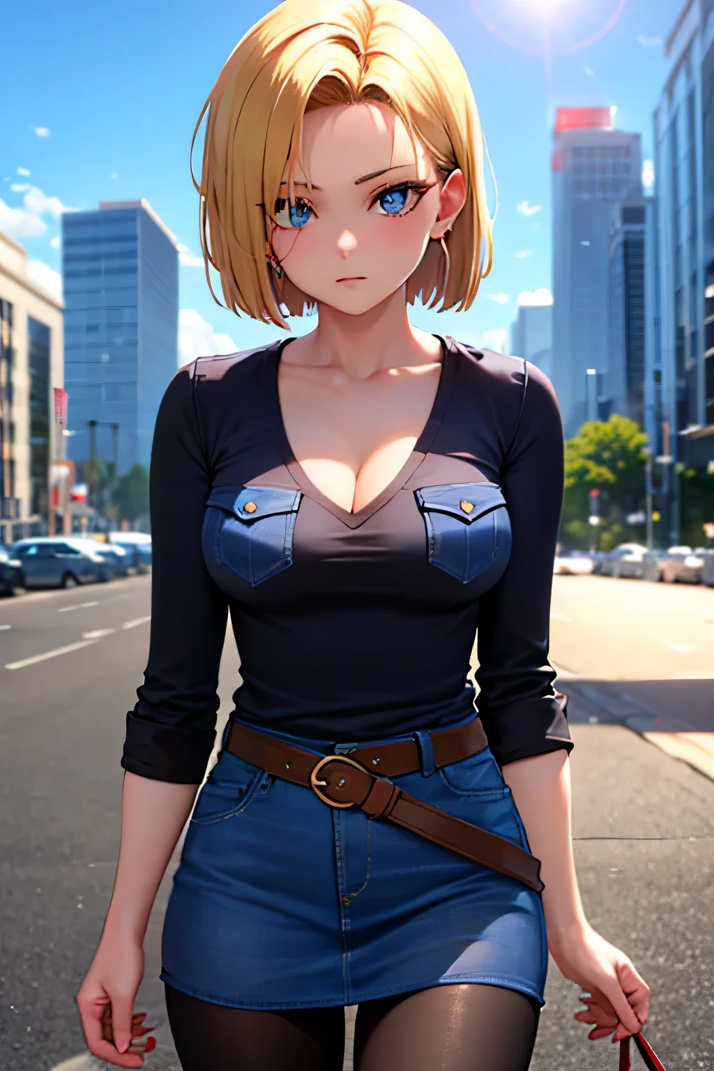 android 18, android 18, blonde hair, blue eyes, eyelash, hoop earrings, short hair, earrings, break belt, black legwear, black shirt, breast pocket, cleavage, clavicle, denim, denim skirt, high-waist skirt, jewelry, long sleeve, pocket, shirt, shirt tucked in, skirt, striped, striped sleeves, waistcoat,, break outdoors, city, null, cloud, sun, break looking at viewer, (cowboy shot:1.5), break (masterpiece:1.2), highest quality, High resolution, unity 8k wallpaper, (figure:0.8), (beautiful and fine eyes:1.6), highly detailed face, perfect lighting, Very detailed CG, (perfect hands, perfect anatomy),