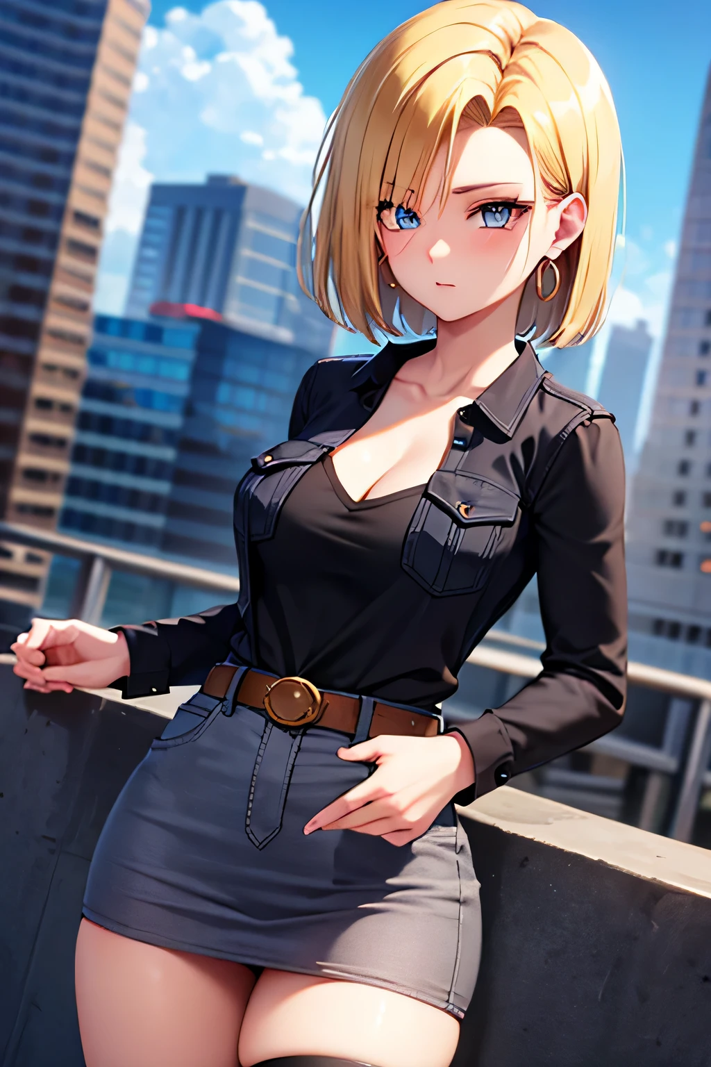 android 18, android 18, blonde hair, blue eyes, eyelash, hoop earrings, short hair, earrings, break belt, black legwear, black shirt, breast pocket, cleavage, clavicle, denim, denim skirt, high-waist skirt, jewelry, long sleeve, pocket, shirt, shirt tucked in, skirt, striped, striped sleeves, waistcoat,, break outdoors, city, null, cloud, sun, break looking at viewer, (cowboy shot:1.5), break (masterpiece:1.2), highest quality, High resolution, unity 8k wallpaper, (figure:0.8), (beautiful and fine eyes:1.6), highly detailed face, perfect lighting, Very detailed CG, (perfect hands, perfect anatomy),