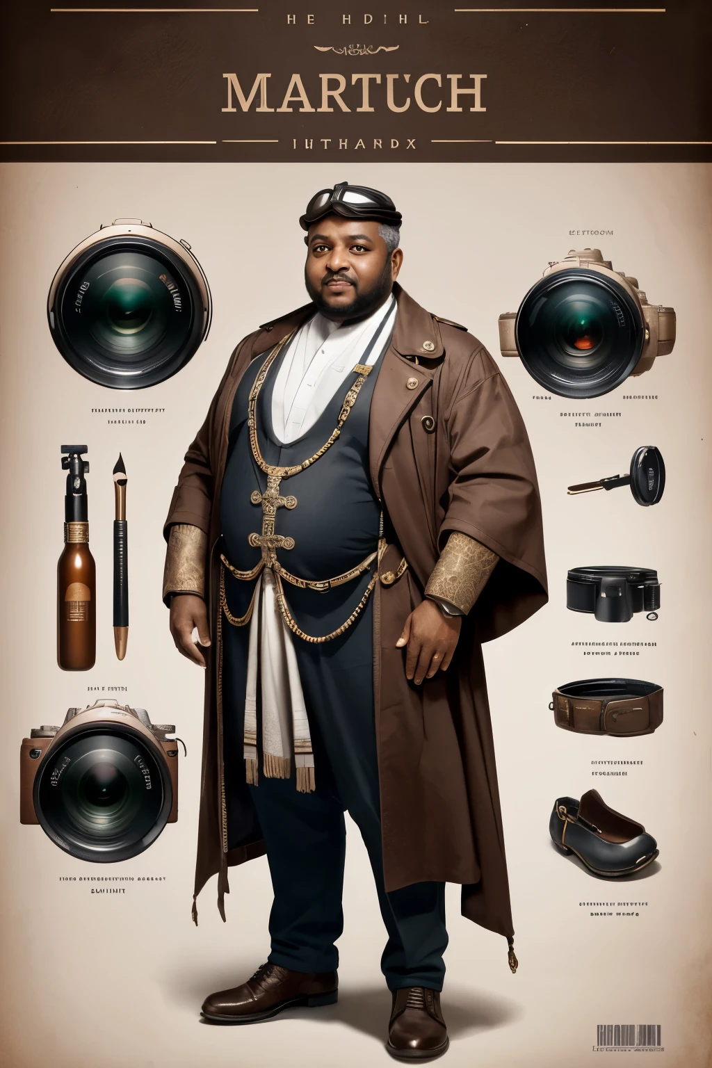 black older fat male merchant, wearing poor brown cloth , cloth have steampunk and Arabian ecstatic and cover ,full body, full body shot, mix of bold dark lines and loose lines, bold lines, on paper, turnaround character sheet, a short fat mechanic in steampunk world,  (Eye makeup:1.1), (highly detailed skin:1.1), RAW, analog style, sharp focus, 8k UHD, DSLR, high quality, Fujifilm XT3, grain, award winning, masterpiece