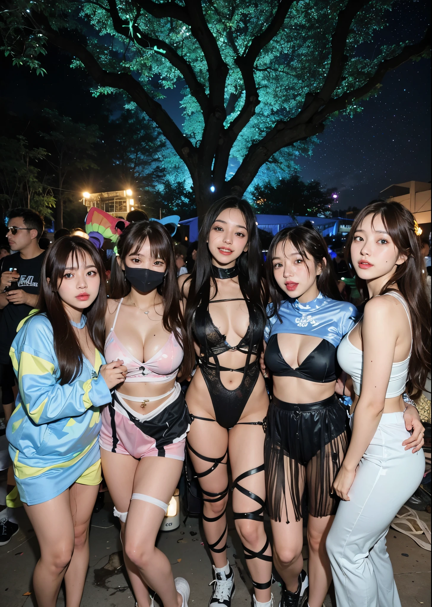 several women in costumes posing for a picture at a party, wild rave outfit, rave outfit, bold rave outfit, rave party, rave inspired, cute rave outfit, outdoor rave, fun rave outfit, at a rave, diverse outfits, scene from a rave, lunar themed attire, many partygoers, anime vibes, taken in 2 0 2 0, festival vibes