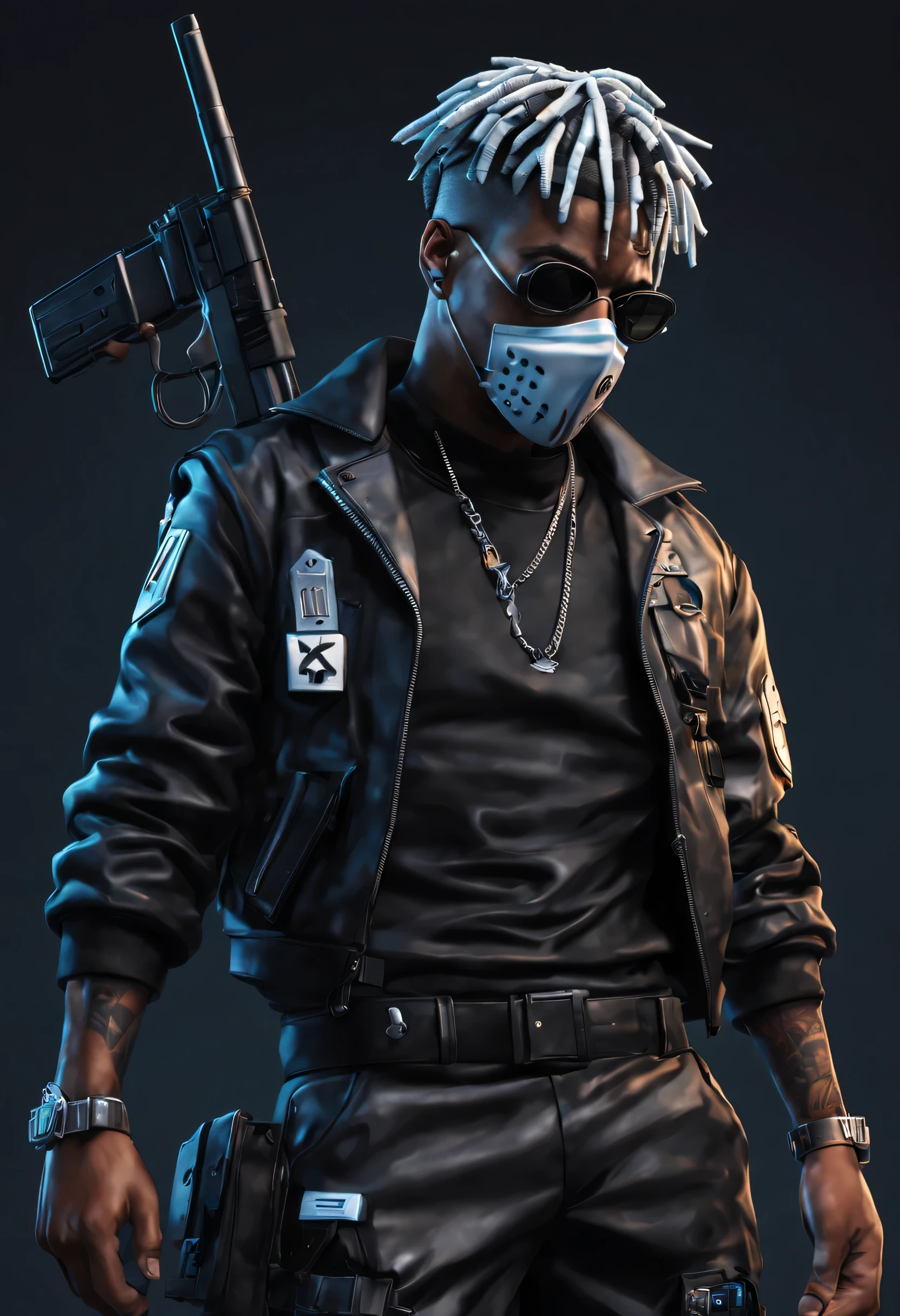 sharp man in referee uniform, holding a gun and wearing a mask, acionar estilo de arte de anime, High detail iconic character, capanga de rua cyberpunk, como um personagem fortnite, cybernetic singer, Ciborgue Criminoso, 3D character rendering, moda urbana cyberpunk, personagem ciberpunk, xxxtentacion, domino mask, cyber style, Arte de personagem 3D, Cyber Dreadlocks