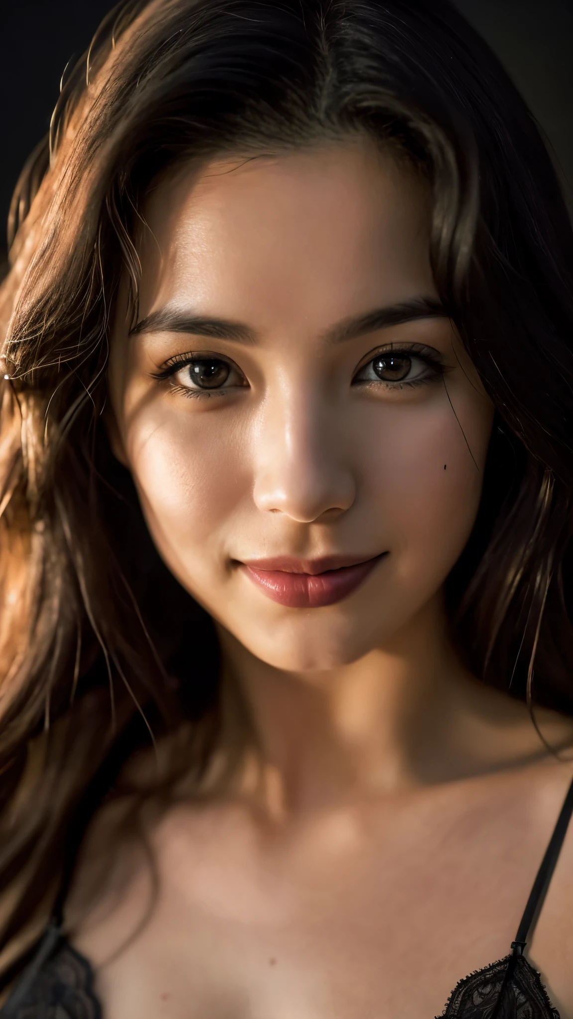highest quality, epic realistic, ((in the pitch black darkness :1.4)), ((portrait:1.5)),(background: dark ) high contrast ,glorious picture, lowest lux, lighting face, she's comfortable, wearing lingerie, looks incredible, (8k, Raw photo, Highest quality),(epic realistic:1.5), a woman, face,(detailed eyes:0.8),(looking at the camera:1.4), (Highest quality), ( high contrast, deep shadows),Intricate details,cinematic,((skin:1.4)), (long dark hair:1.3), long hair, messy ,(Hdr:1.5),Detailed, colors, Superior quality, Masterpiece, Raw Photo (20-year-old, looking at viewer), beautiful, (wearing underwear,), perfect, natural, perfect composition, portrait, perfect face, smiling expression, Captivating eyes, Bright details, Tight lips, (High Skin Detail),, (blue tint: 0.6), (sale: 0.8), (bloody: 0.7), Key lighting , (backlight: 0.5), Medium depth of field, Canon 5d, 50mm lens, f/4 apertures, (Ultra-detailed, Complex detail), sharp focus, soft colors, 8k, Absurd, 80mm, dark background, photography, smiling, medium ,