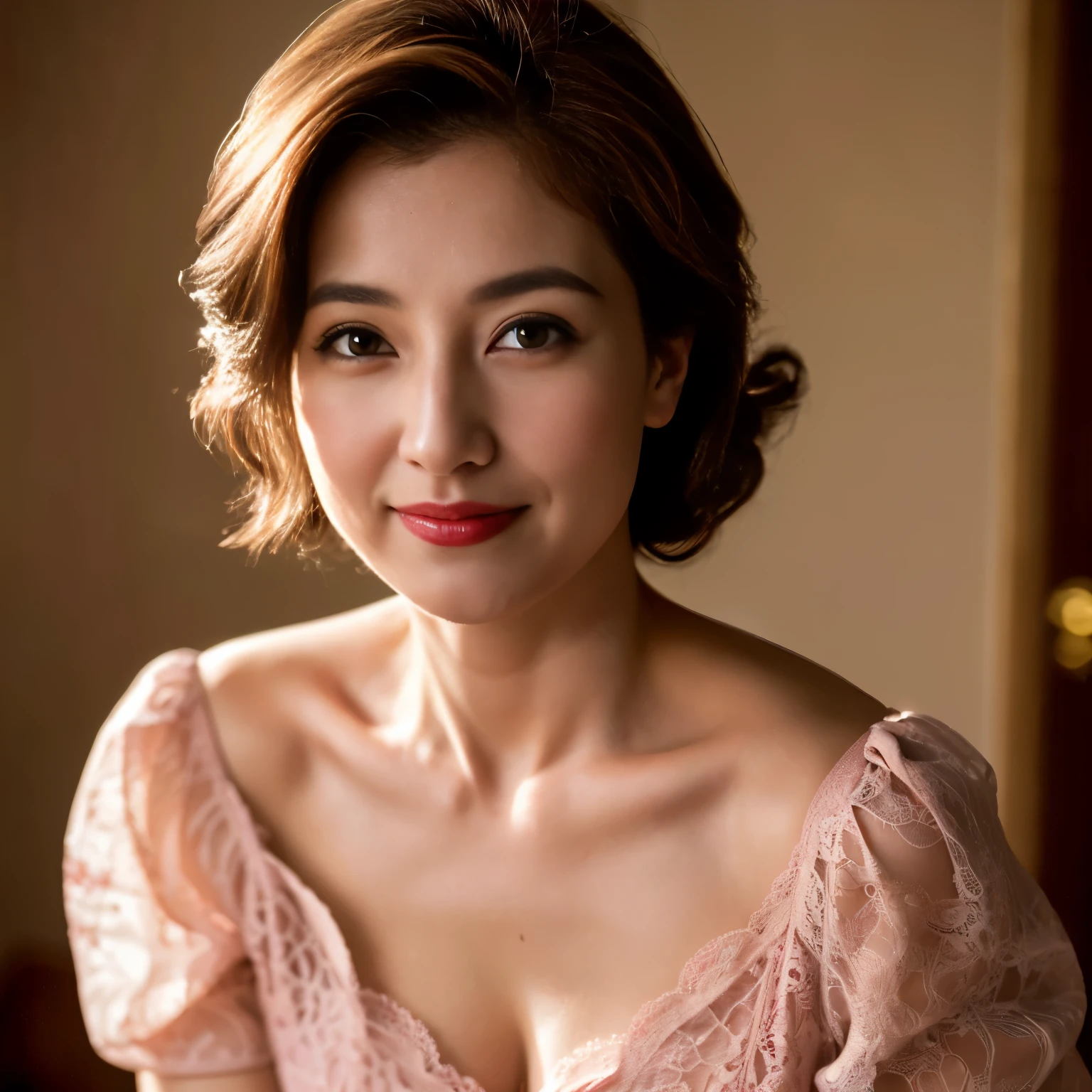 ((highest quality、8K resolution、master masterpiece、professional photography)), Photoreal, (Beautiful at 50 years old:1.3), (Wrinkled face:1.2)、(Elegant white and pink lace clothes:1.1)、(Simple background with a single color:1.1)、wrinkles around the eyes,standing elegantly、(Plump and soft body、clavicle)、The most elegant and beautiful hairstyle、Romantic evening、(a sad smile looking at me:1.2)、beautiful shaped breasts、Small cleavage、perfect makeupアップ,Dark red lipstick,perfect makeup,eye shadow、long eyelashes、romantic lighting、very moody and romantic、(Fair skin with super high detail)、blurred background、premonition of love