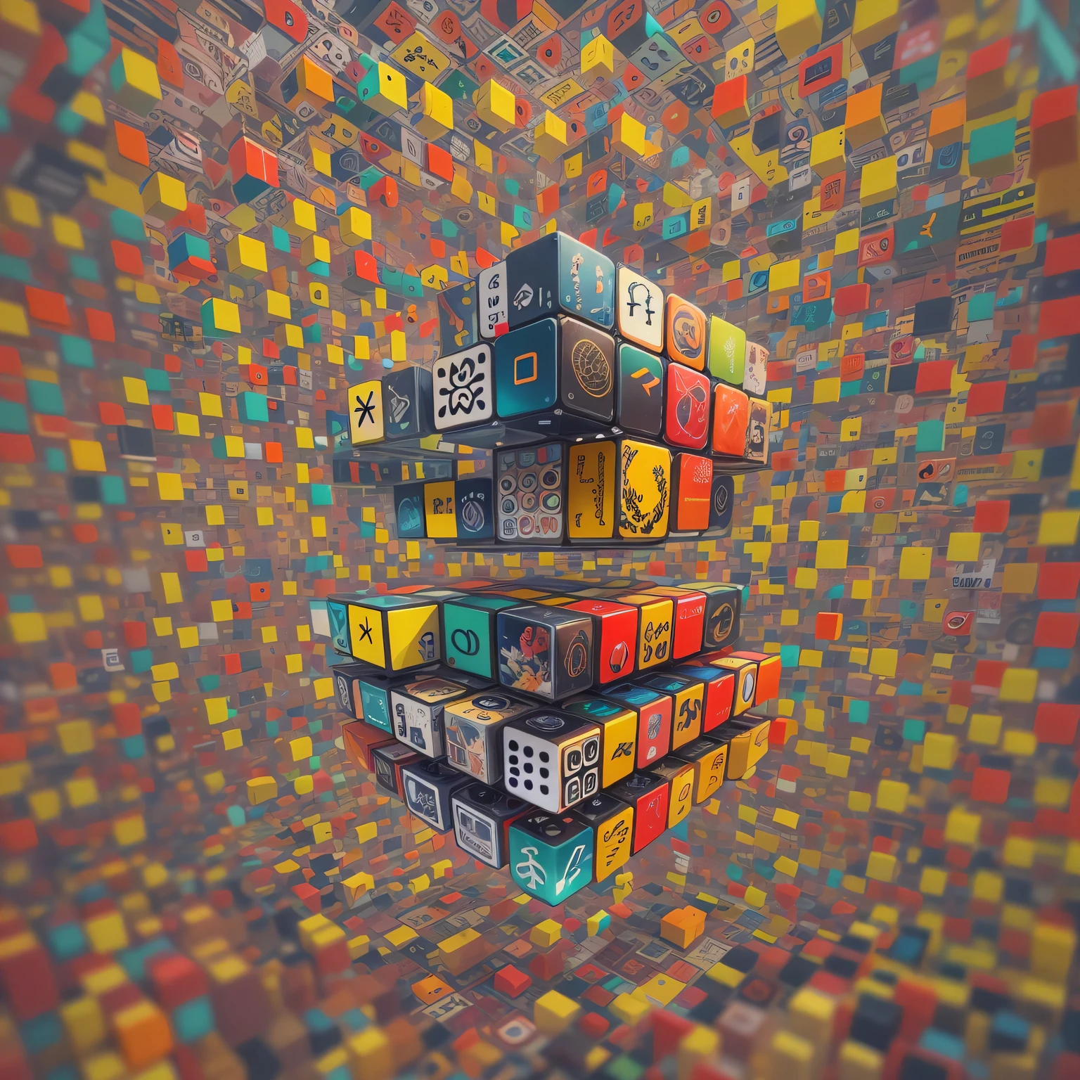 Fascinating Rubik's Cube with optical illusion,colored cubes,floating cube,puzzling puzzles,serenebackground,Geometric patterns,intricate details,3d rendering,masterpiece:1.2,high resolution,charming pattern,bright colors,sharp focus,Realistic lighting,Thought provoking,hallucination effect