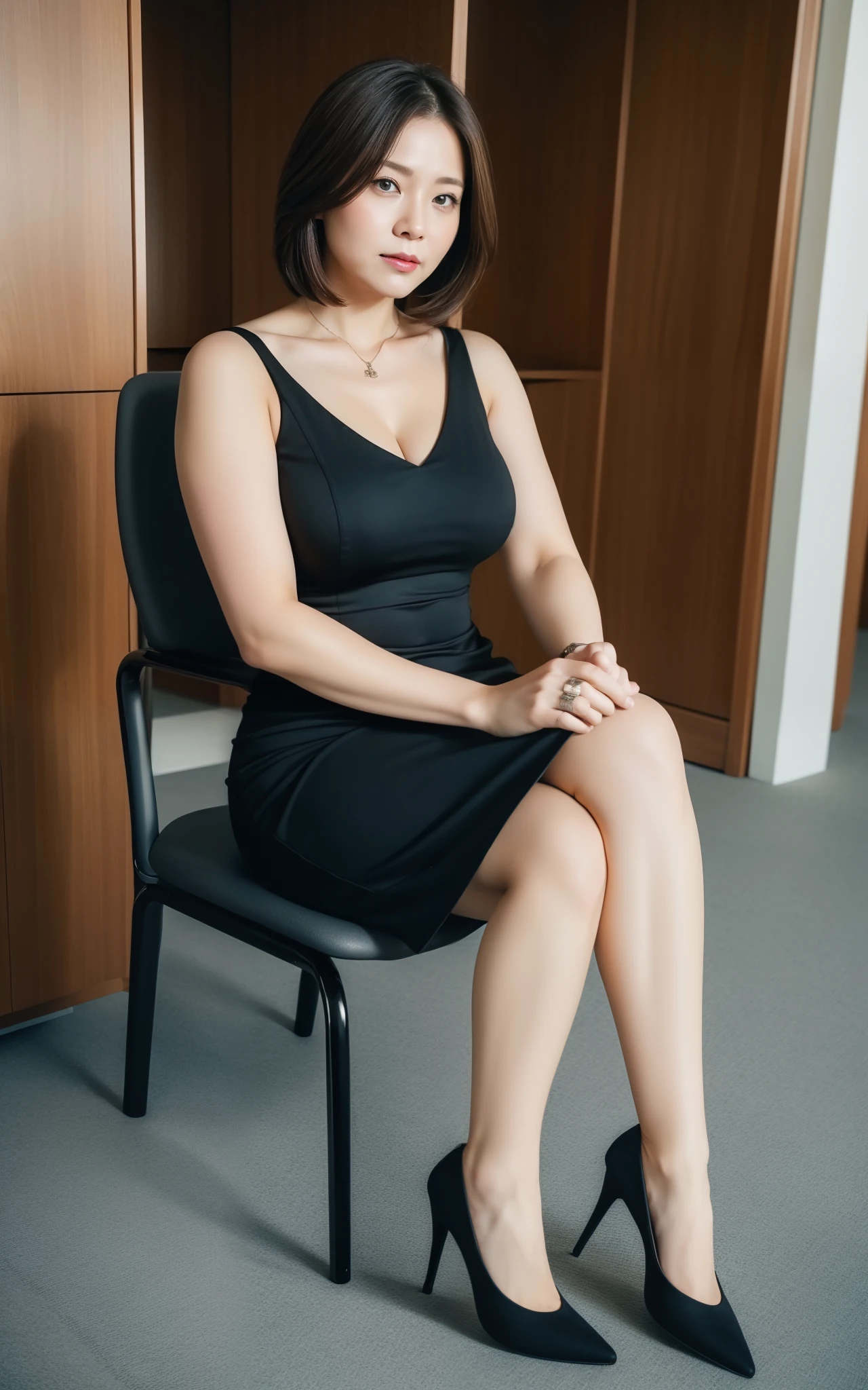 ((Top Quality, 8k, Masterpiece: 1.3, photorealistic)), (close up:1), (looking at the viewer), Milf and attractive woman sitting on the chair, with cross her legs, business wear, curvy:0.5, l angry, nobody locker room,