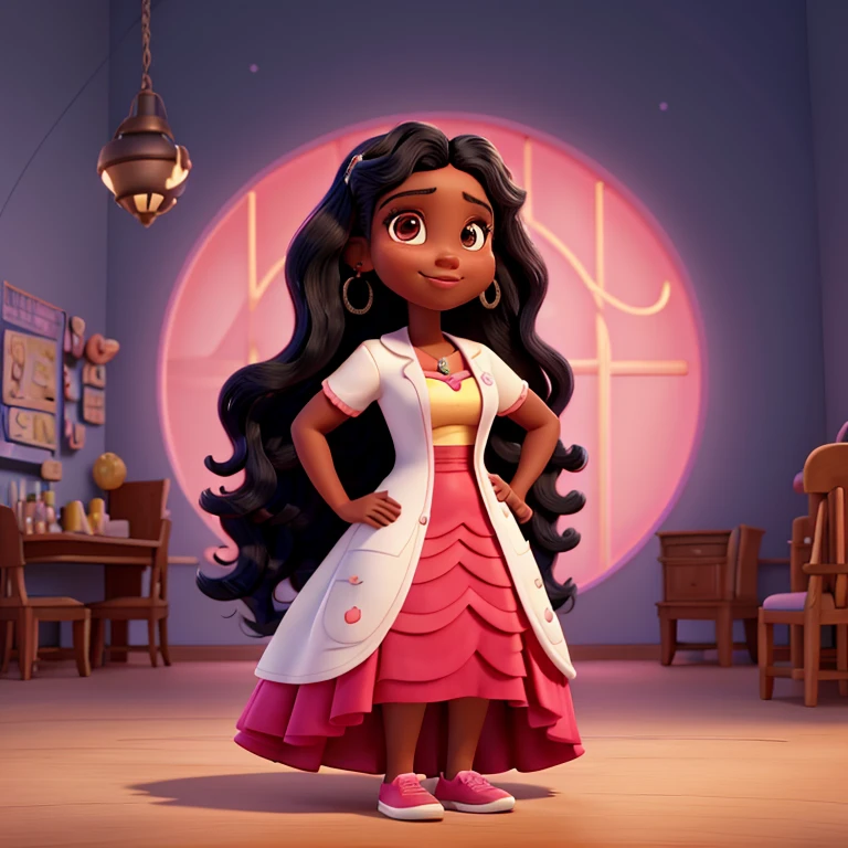 Disney and Pixar Poster of Beautiful Black Latina Woman with Dark Eyes and Long Wavy Black Hair and Curvy Body, posando sorrindente pra a foto, white pharmacy coat dress with arms crossed in a pink environment illuminated by soft light. Melhor qualidade.