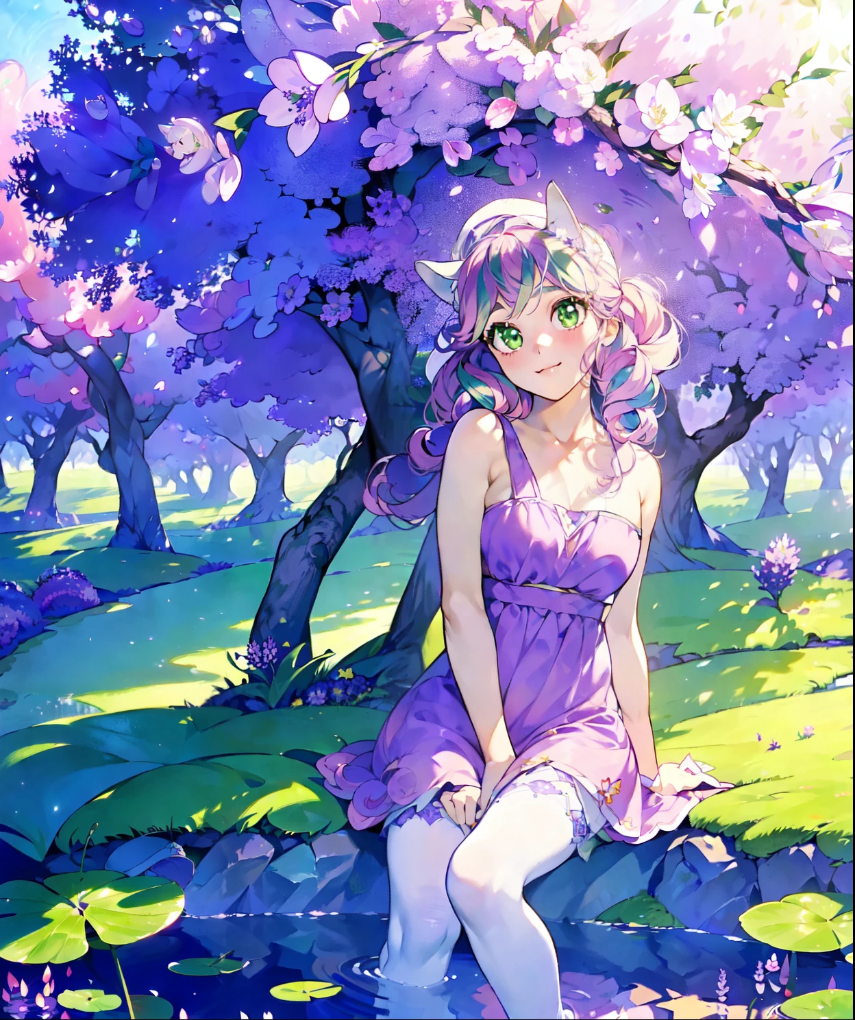 Sweetie belle, sweetie belle from my little pony, sweetie belle in the for of a young girl, solo, 1 girl, in a mythical garden: 2.0, ((light pink and purple hair, coil curls: 2.5, dark green heavenly eyes: 1.5, wearing a green and white dress, happy: 1.5, soft smile, her surroundings are ethereal, ((ultra realistic high quality top quality 4k)), one white thin really thin unicorn horn in her forehead: 3.0, bright sunny day: 1.urple and green flowers everywhere: 3.2, bushes, POND WITH LILY PADS: 3.0, jacaranda trees: 2.0, highly detailed jacaranda trees, green grass: 1.3, wearing a white summer hat with purple ribbon, summer dress with flower patterns, dainty features: 2.0,  like features: 2.0 two white cat ears: 1.0, ONE WHITE THIN THIN REALLY THIN HORN ON HER FOREHEAD, two white cat ears, pure white skin, green thigh high, highly detailed legging, purple heel, shiny hair, slightly shiny skin, sun rise, morning, shining ponds, lavender flower everywhere, shining eyes, soft gentle smile cute pink soft light blush,