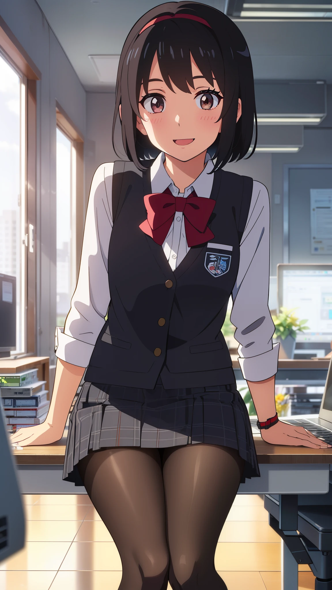 shinkai makoto, kimi no na wa., 1girl, bangs, black hair, blush, bright eyes, brown eyes, red headband, red bow, red ribbon, short hair, smile, cute, beautiful, shiny skin, looking at viewer, solo, shirt, Plaid vest, skirt, plaid skirt, Black pantyhose, indoors, Office, vase, dynamic lights, table, chair, Sitting in an office chair, computer, open mouth