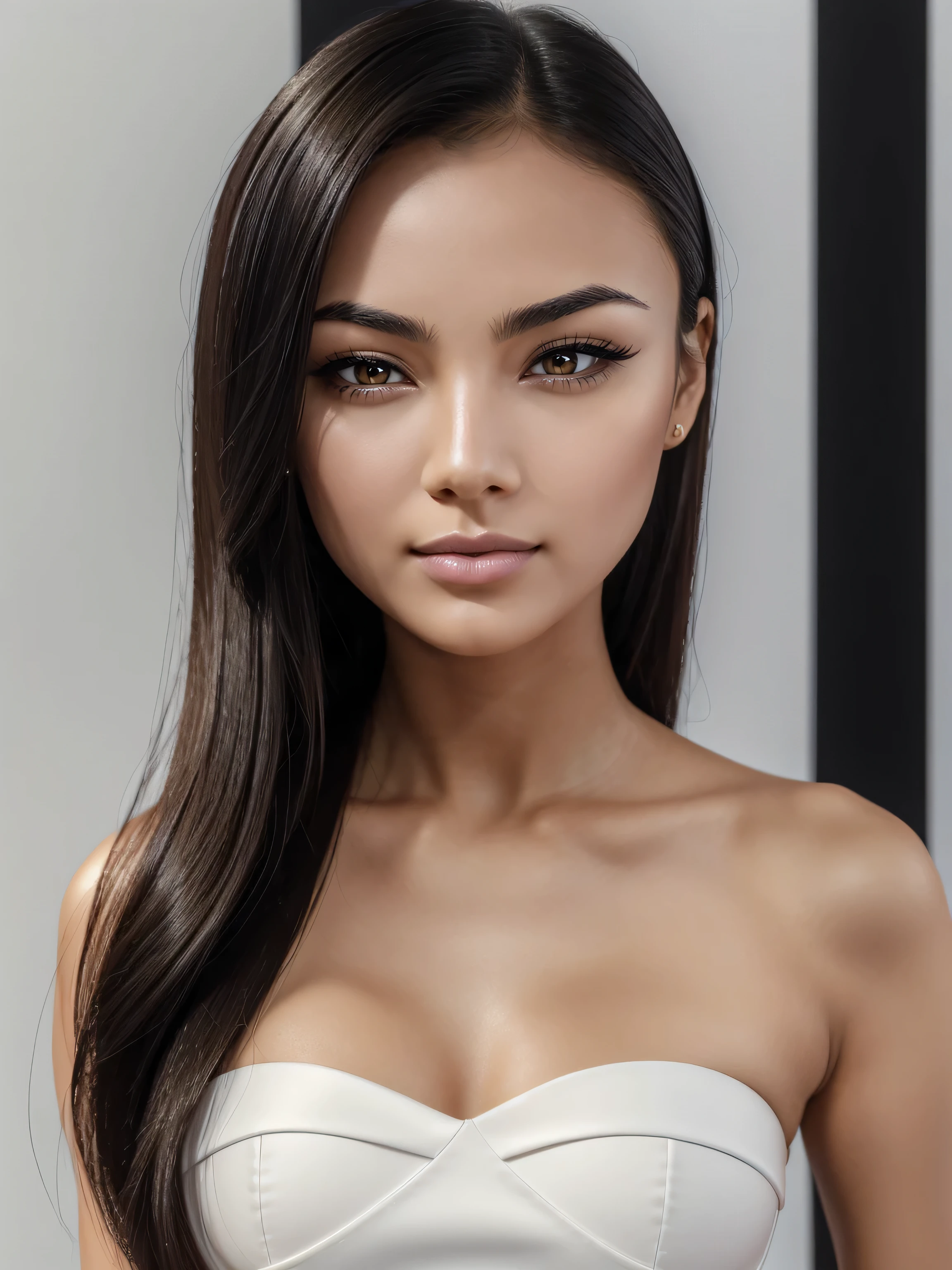 (very cute chinese woman), short_forehead:1, (short_head:1.5 round_face:1.5), long_hair straight_hair (black_hair:1), symmetric_eyes:1 monolid_eyes:1 large_eyes:1.2 short_eyes:1.4 eye_wings:1 brown_eyes:1.5 mahogany_brown_eyes:1.5, double_eyelids:1.2, small_eyebrows:1.5 rounded_eyebrows:1.3, (tanned_skin:1.3), cheek_dimples:1.4 round_cheek:1, round_jaw:1 large_jaw:1.2, small_lips:1, arms behind back, (1Woman:1.5, (Masterpiece, 8K, best quality, highres:1.5), (upper_body:1.5, looking_at_viewer:1.5, body_looking_at_viewer:1.5), white_photoshoot:1, white_room:1, white_backdrop:1.5, standing, neutral_body_posture:1.5, (neutral_facial_expression:1.5, closed_lips:1), wearing white_strapless_mini_dress), slender_body:1, short_body:1.5, medium_breast