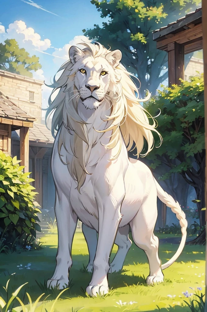 masterpiece, high quality, brave white lion, Sunny weather, nice mane, grassland
