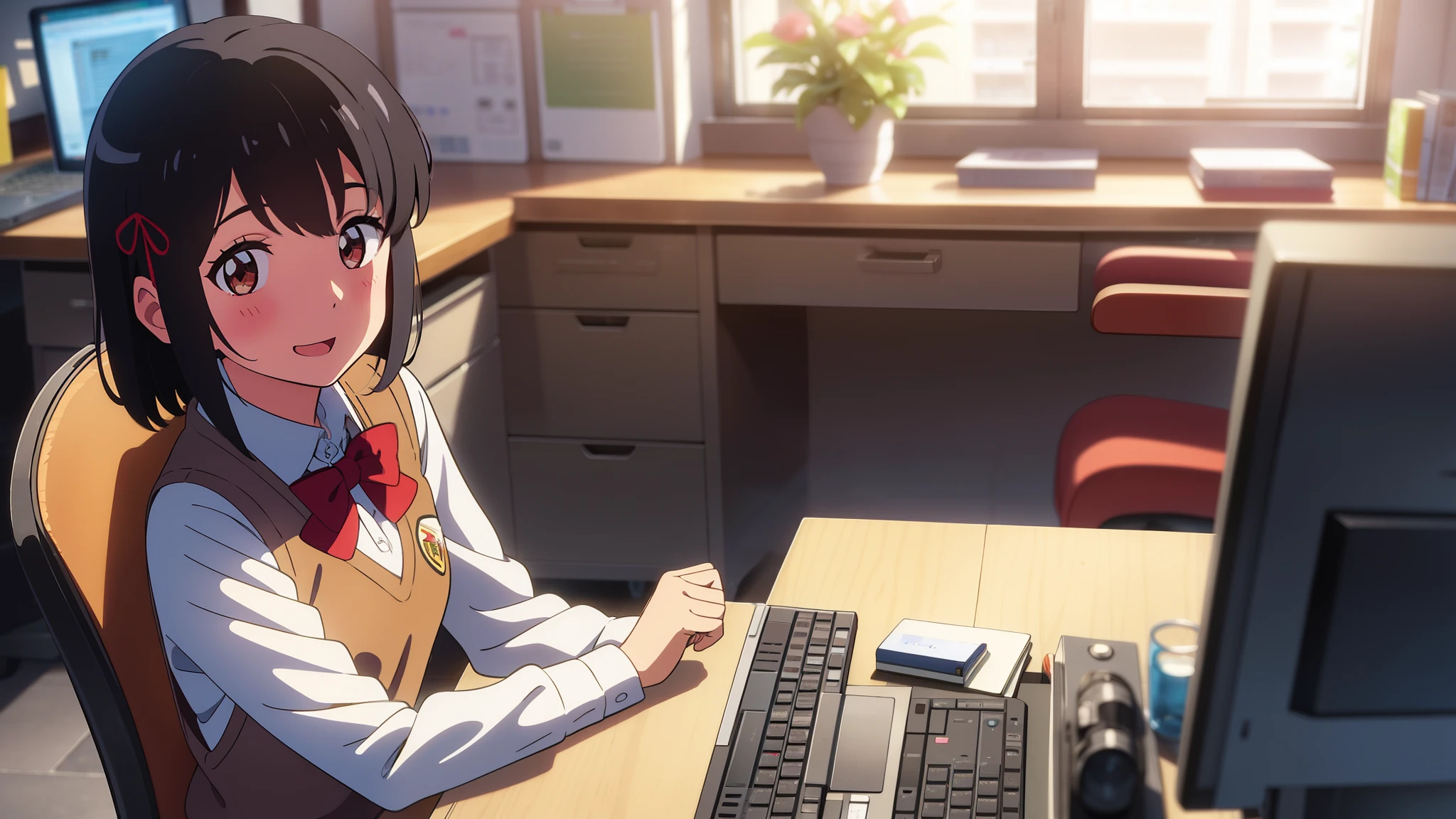 shinkai makoto, kimi no na wa., 1girl, bangs, black hair, blush, bright eyes, brown eyes, red headband, red bow, red ribbon, short hair, smile, cute, beautiful, shiny skin, looking at viewer, solo, shirt, Plaid vest, skirt, plaid skirt, indoors, Office, vase, dynamic lights, table, chair, Sitting in an office chair, computer, open mouth
