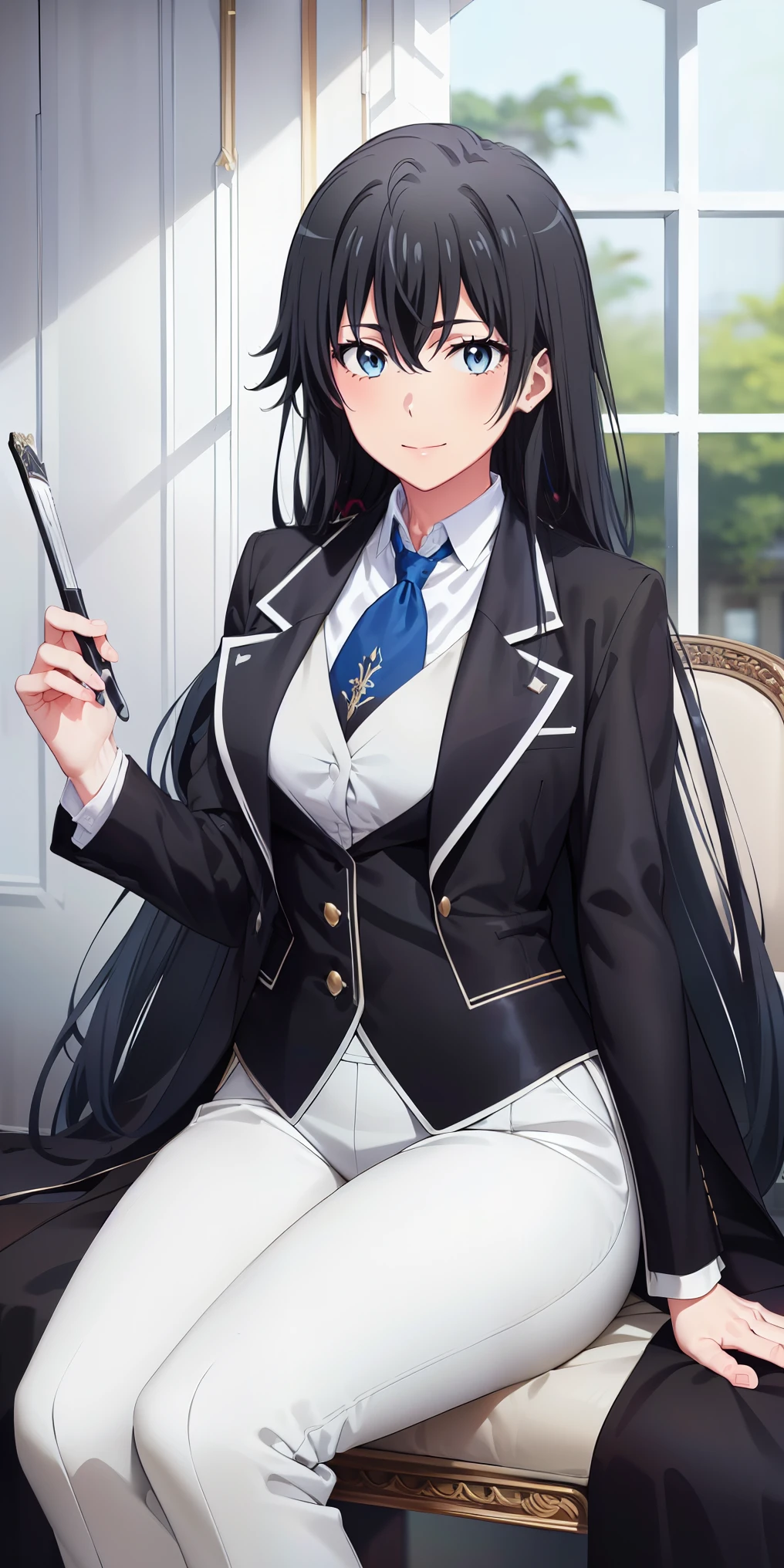 ((best quality)), ((masterpiece)), (detailed) 1girl 1girl, ;\), blurry, blurry_background, breasts, , hair_long looking_at_viewer, ok_sign, open_hand, Yukinoshita Yukino ,Woman wearing formal clothes, An attractive coat sitting on chair in the room , 1girl, 独奏, blue necktie, Black hair, eyes blue, long hair, smile , collared shirt, white pants, white shirt , Elegantly designed coat , Stand in front of a window ,Perfectly tailored tailcoat. It has a stunning Victorian design and is made of lustrous fabric , full body ,tailcoat butler suit, elegant pose, serene expression, flowing long hair, soft lighting, pastel color palette, detailed lace and embroidery, realistic portrait, fine brushwork, delicate facial features, captivating eyes, graceful gestures, refined atmosphere, vintage decor, polished silverware, elaborate floral arrangement, polished marble floors