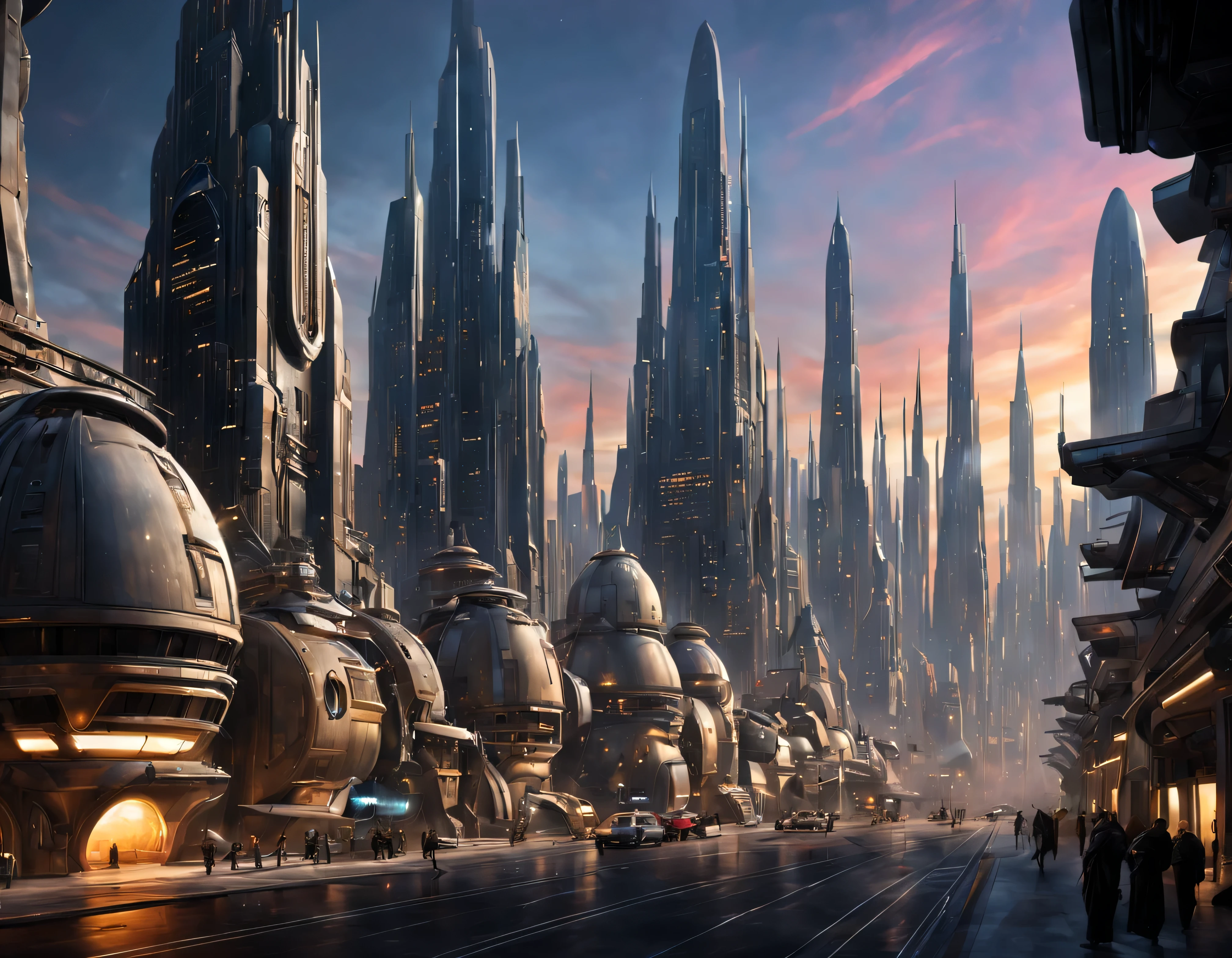 (The city of Coruscant from Star Wars as designed by Doug Chiang), futuristic fantasy city with immense buildings of technological design (que forman una avenida infinita), edificios compactor no difuminados con aspecto metalico, luces en ventanas en edificios, iluminacion diurna con sol, con estructuras acristaladas espectaculares, (con colores vivos). pavimento ensolado (sin brillo). gente paseando. imagen bien definida con muchos edificios juntos. imagen nitida bien definida 8k. los edificios llegan alta el fondo.,8k. imagen cinematografica. ((obra maestra de superior calidad)). (renderizado 3D).