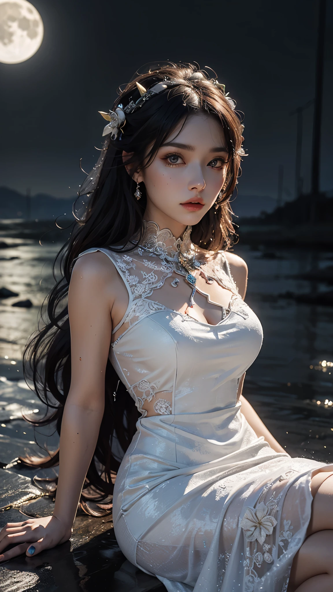 8K, ultra HD, very detailed, masterpiece, 1 girl, good face, detailed eyes, detailed lips, medium beasts, (very detailed dress:1.5), (devil dress), white color, darkness, moon background, wet ground, scary scenery, sitting,