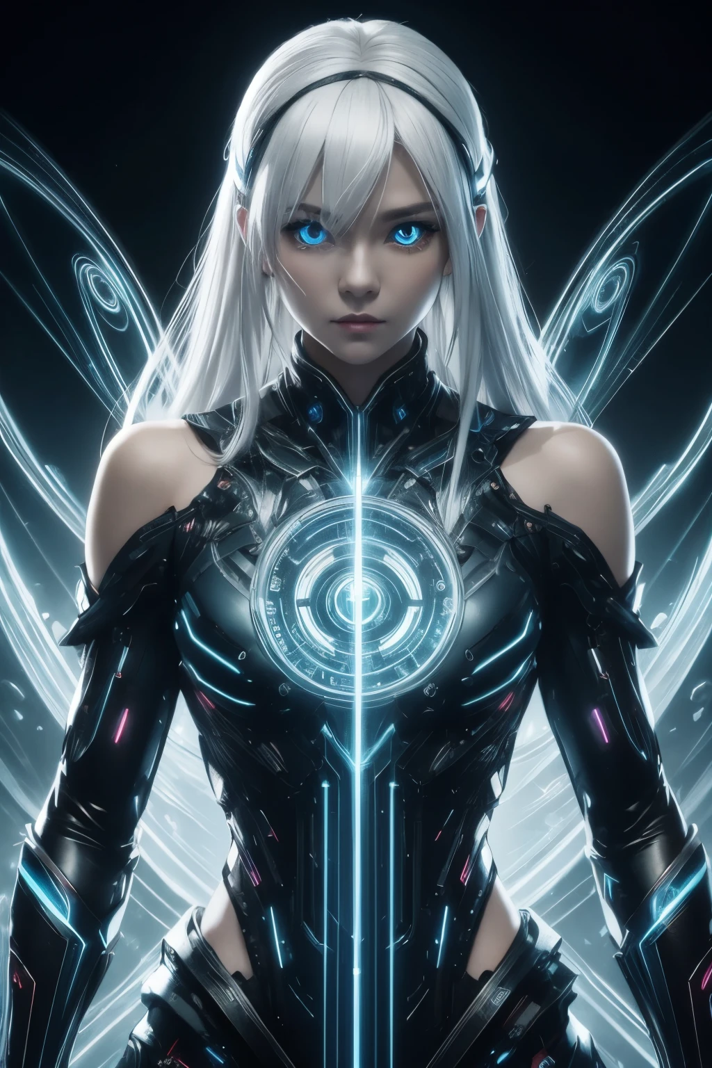 ((upper body)), best quality, masterpiece, a Japanese woman with ((Luminescence white hair)), ((detailed pearl blue eye)), high detailed goddess soul, focus on character, solo, (style swirl magic), solo, from front, front view, looking at viewer, detailed face, ((Luminescence Lighting Magic Circle theme)), perched on a ledge, tight neon body, light streaks, dark abyssal wanderer abstract, ((Simple Luminescence Neon Gown)), inscribed with mystical runes, outdoor dystopian background,