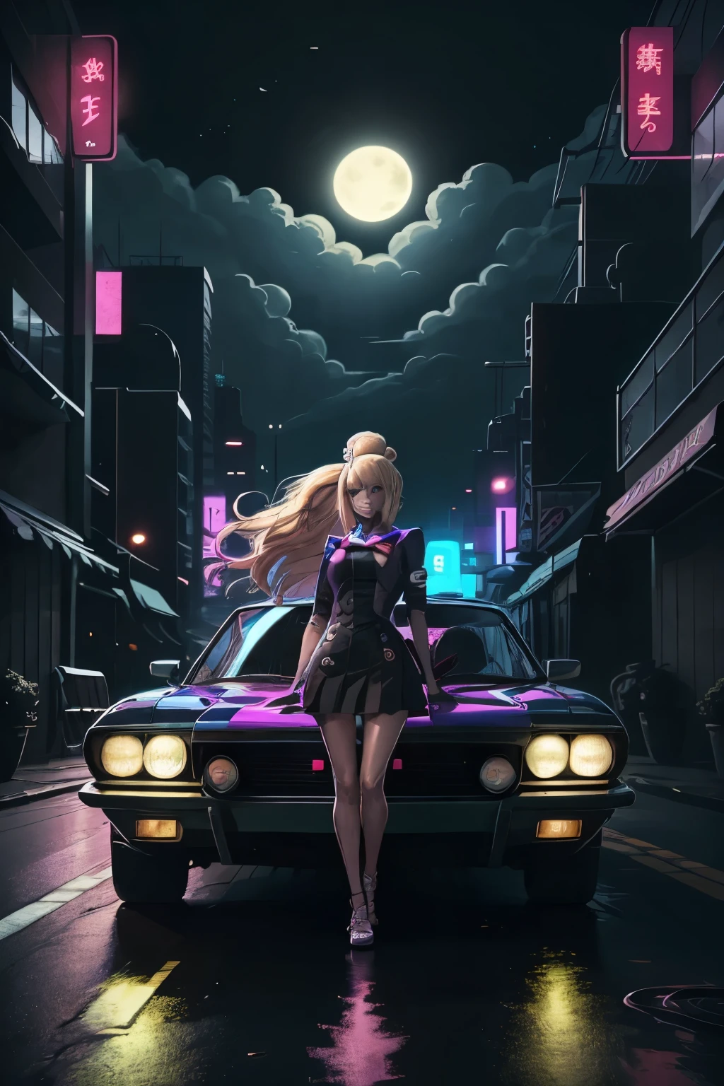 Reverse wave. City, 1969 Nissan S30, wide-body kit, road, purple neon, sun, close-up
(masterpiece, detailed, high resolution), 1hermosa mujer rubia junko estilo neon city, 1girl blonde