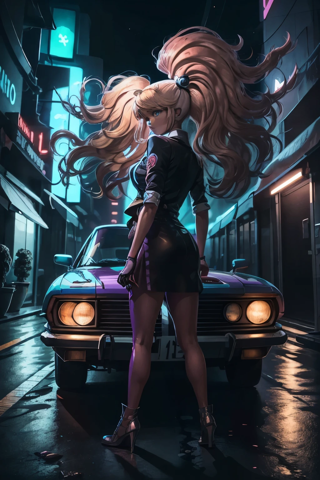 Reverse wave. City, 1969 Nissan S30, wide-body kit, road, purple neon, sun, close-up
(masterpiece, detailed, high resolution), 1hermosa mujer rubia junko estilo neon city, 1girl blonde