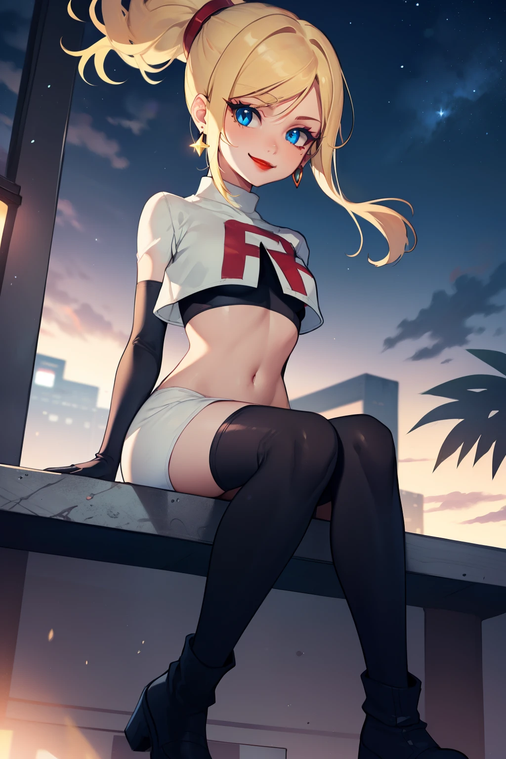 samus aran, ponytail, hair tie, ,earrings ,red lipstick, blue eye shadow, heavy makeup ,team rocket uniform, red letter R, white skirt,white crop top,black thigh-high boots, black elbow gloves, evil smile, looking down on viewer, sitting down ,legs crossed, night sky background