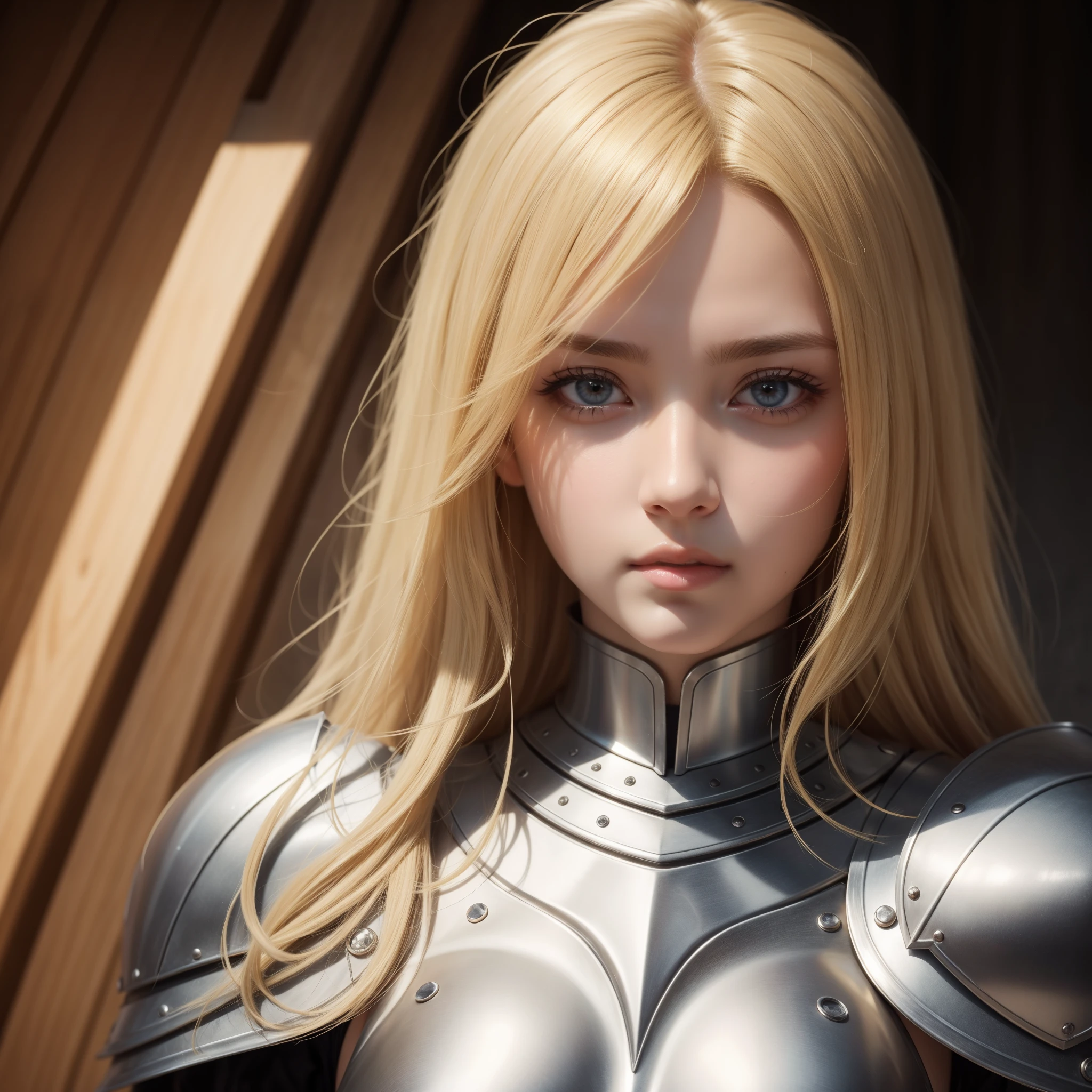 best quality, masterpiece, (realistic:1.2), 1 girl, Blonde hair, brown eyes,Front, detailed face, beautiful eyes, wear knight armor,
