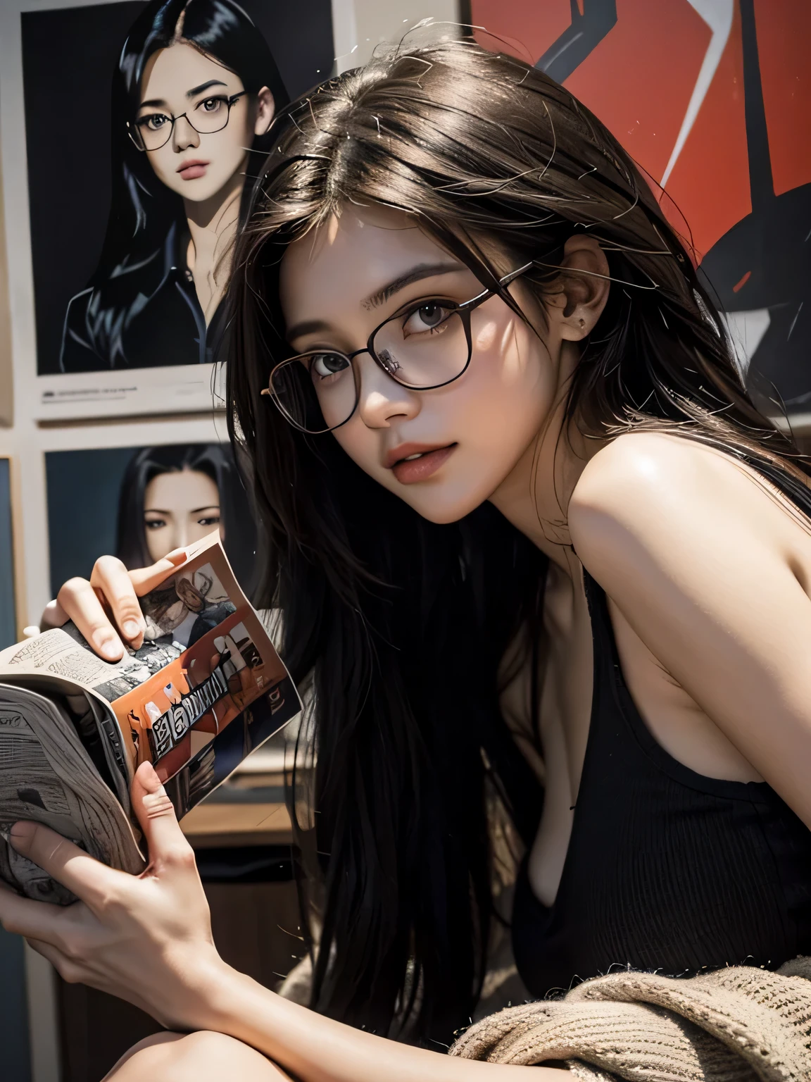 Newspaper and poster background,girl,Long dark black hair,big eyes,Glasses,smiley face,High cold beauty,Animated gifts,Noble depiction,Anime from the 90s,iconic pop culture references,whole body,ultra high definition images,S400,rainbow 5