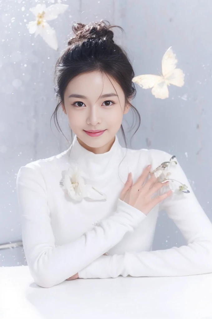 ((​Masterpiece, Top image quality, high resolution、alone、shiny skin))(on the table, best quality, actual, super detailed, meticulous, high resolution, 8k wallpaper), Close-up portrait of a beautiful woman, Chariada, smiling, light brown messy hair, Perfect dynamic composition, 美丽meticulous的眼睛, Just like the cover of a fashion magazine, on campus