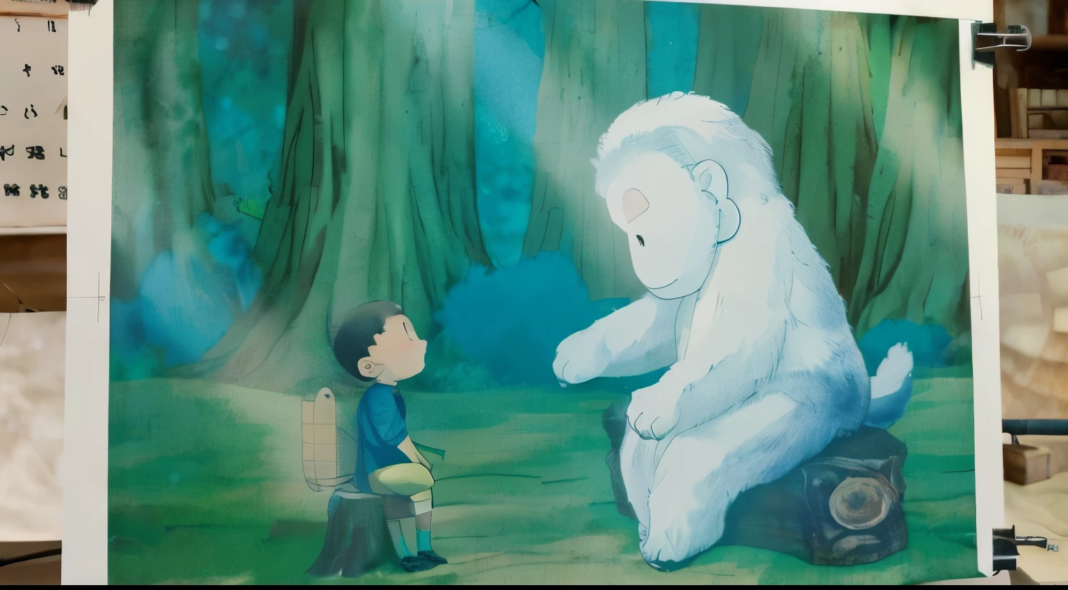A boy and a large white monkey are sitting on a stump, facing each other. In the forest, horse chestnuts are falling. Sunlight filters through the leaves.