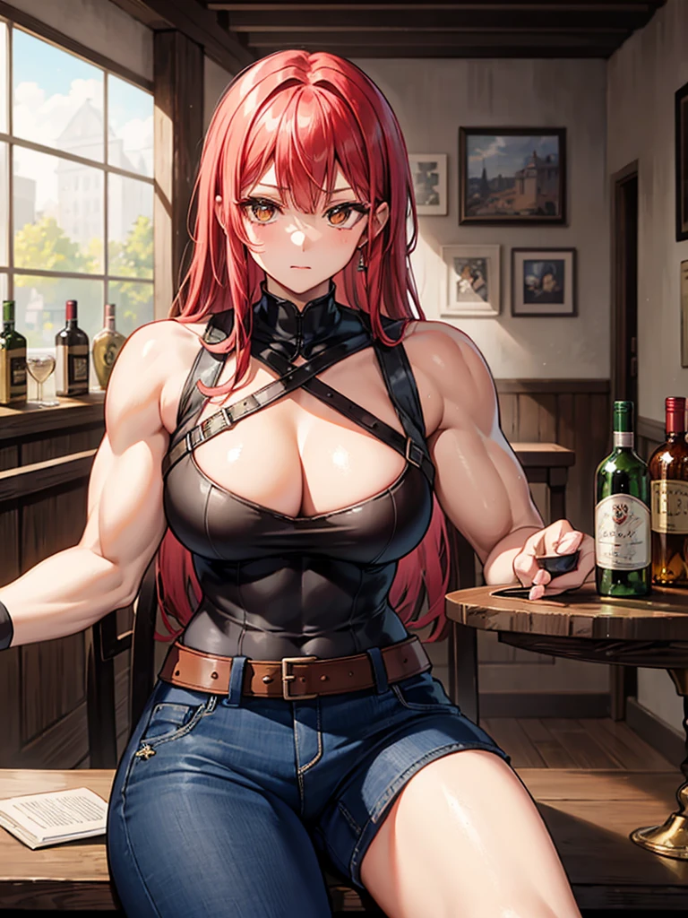 (((masterpiece、Highest image quality、highest quality、highly detailed unity 8kwallpaper)))、(((Illustration of one girl、beautiful girl)))、(adventurer)、(((neutral)))、((red hair、long hair、golden eyes))、((tall))、(((muscular and strong body、muscle girl、muscle、stocky build、thickset physique、muscular legs、muscular arms、broad shoulders、solid chest)))、(((manspreading、sitting in a chair)))、(((Clothing in the style of the Middle Ages、adventurer風の服、adventurer風の装備)))、(Medieval tavern、Liquor bottle on the table)