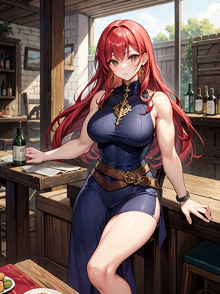 （（（masterpiece、Highest image quality、highest quality、highly detailed unity 8ｋwallpaper）））、（（（Illustration of one girl、beautiful girl）））、（adventurer）、（（（neutral）））、（（red hair、long hair、golden eyes））、（（tall））、（（（muscular and strong body、muscle girl、muscle、stocky build、thickset physique、muscular legs、muscular arms、broad shoulders、solid chest）））、（（（manspreading、sitting in a chair）））、（（（Clothing in the style of the Middle Ages、adventurer風の服、adventurer風の装備）））、（Medieval tavern、Liquor bottle on the table）