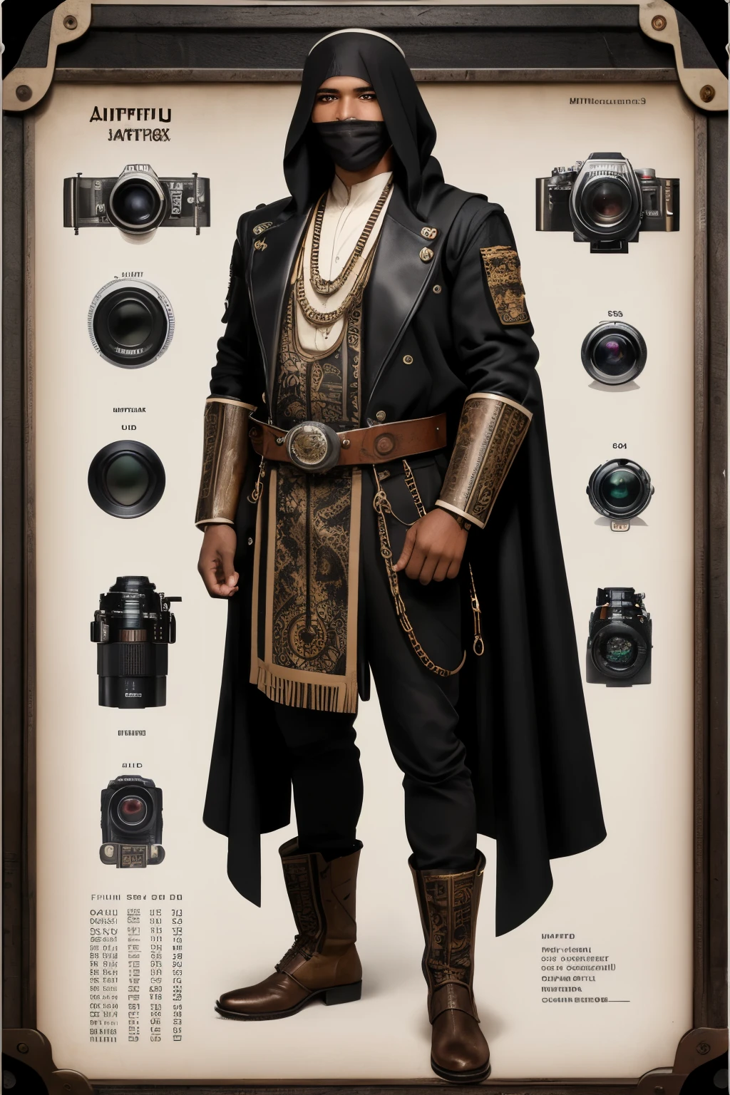 black male thief, wearing a mended and patched poor black cloth ,  face covered, cloth have steampunk and Arabian ecstatic and cover full body, full body shot, mix of bold dark lines and loose lines, bold lines, on paper, turnaround character sheet, a short fat mechanic in steampunk world,  (Eye makeup:1.1), (highly detailed skin:1.1), RAW, analog style, sharp focus, 8k UHD, DSLR, high quality, Fujifilm XT3, grain, award winning, masterpiece