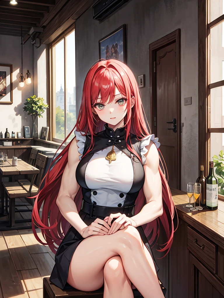 （（（masterpiece、Highest image quality、highest quality、highly detailed unity 8ｋwallpaper）））、（（（Illustration of one girl、beautiful girl）））、（adventurer）、（（（neutral）））、（（red hair、long hair、golden eyes））、（（tall））、（（（muscular and strong body、muscle girl、muscle、stocky build、thickset physique、muscular legs、muscular arms、broad shoulders、solid chest）））、（（（manspreading、sitting in a chair）））、（（（Clothing in the style of the Middle Ages、adventurer風の服、adventurer風の装備）））、（Medieval tavern、Liquor bottle on the table）